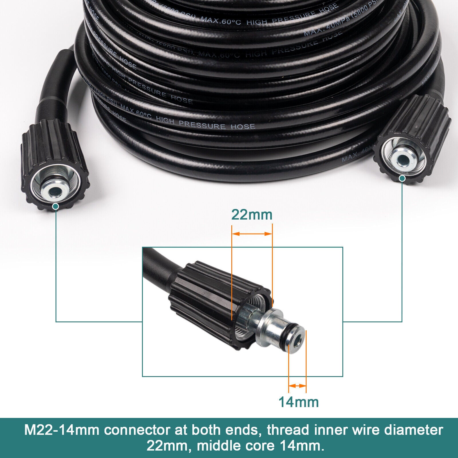 50FT High-Pressure Power Washer Hose – 5800 PSI M22 14mm Extension Replacement Hose for Pressure Washers
