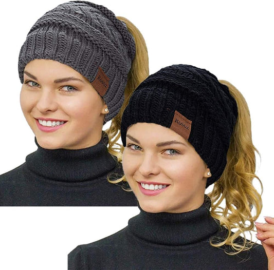 2 Pack Ponytail Beanie for Women,Winter Warm Beanie Tail Soft Stretch Cable Knit Messy High Bun Hat