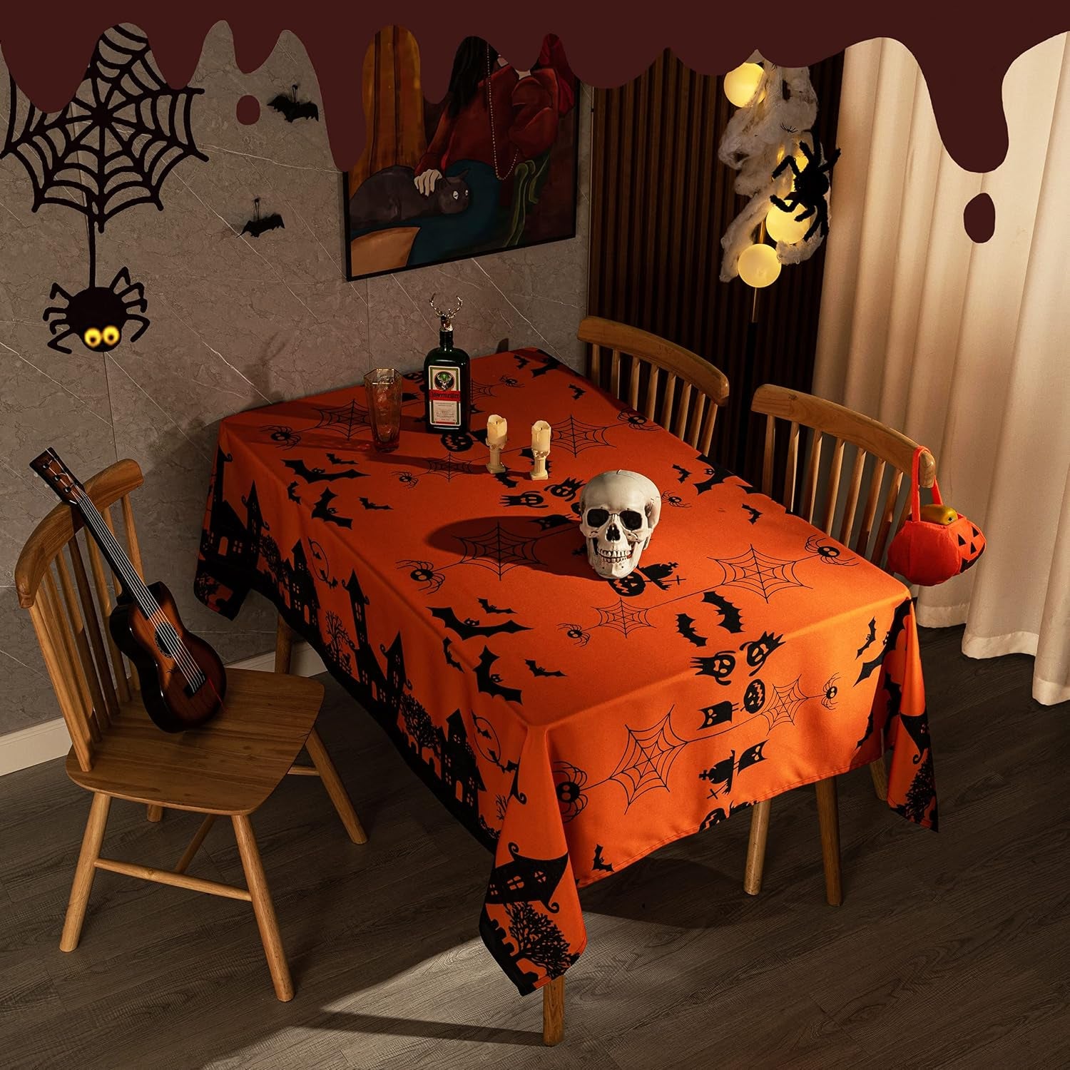 Rectangle Halloween Tablecloth Waterproof and Washable Fabric Decorative Holiday Table ClothTable Cover for Party Kitchen Dining Room Indoor, 60 x 84 Inch