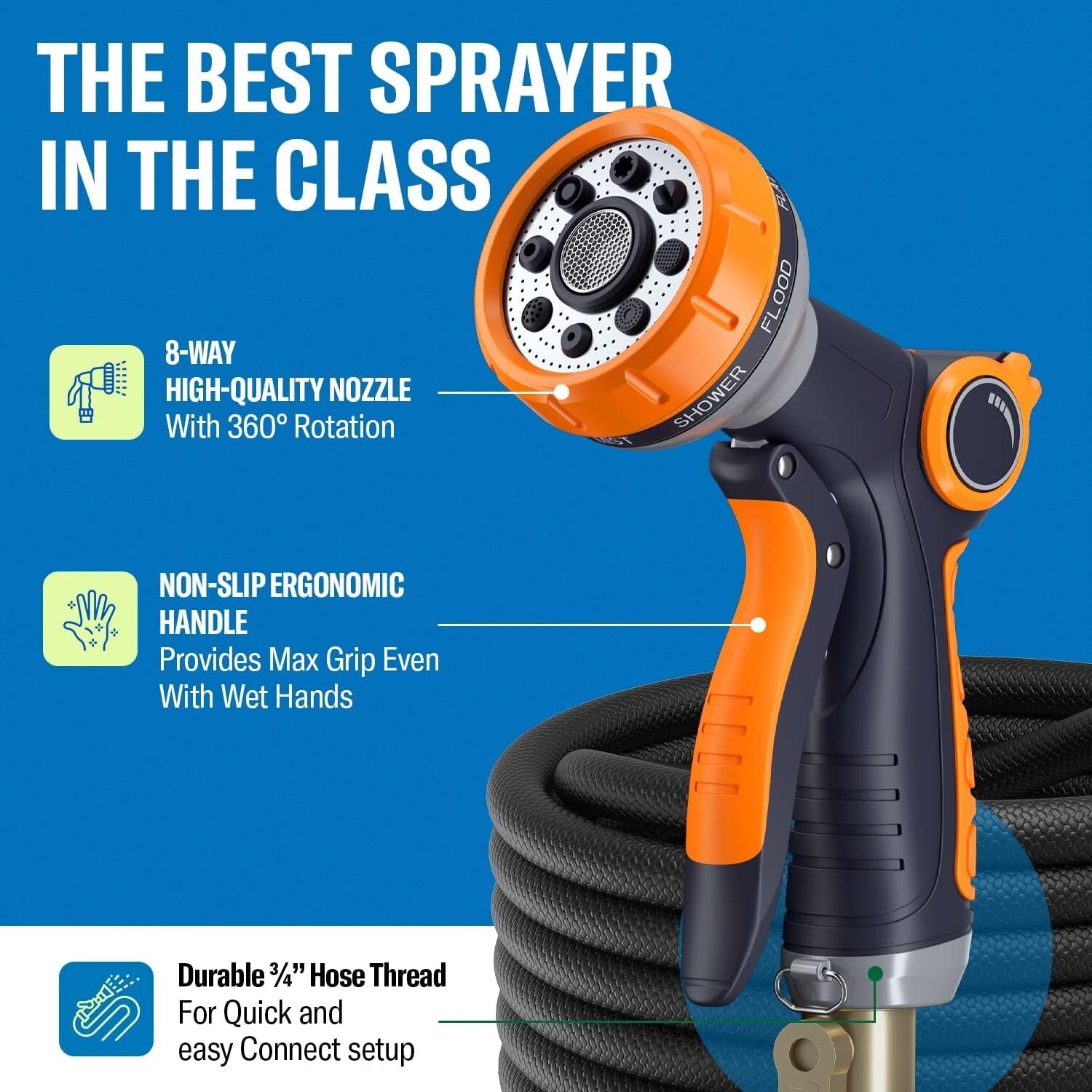 50FT Garden Hose with Sprayer Custom Length No Kink Leakproof Sprayer
