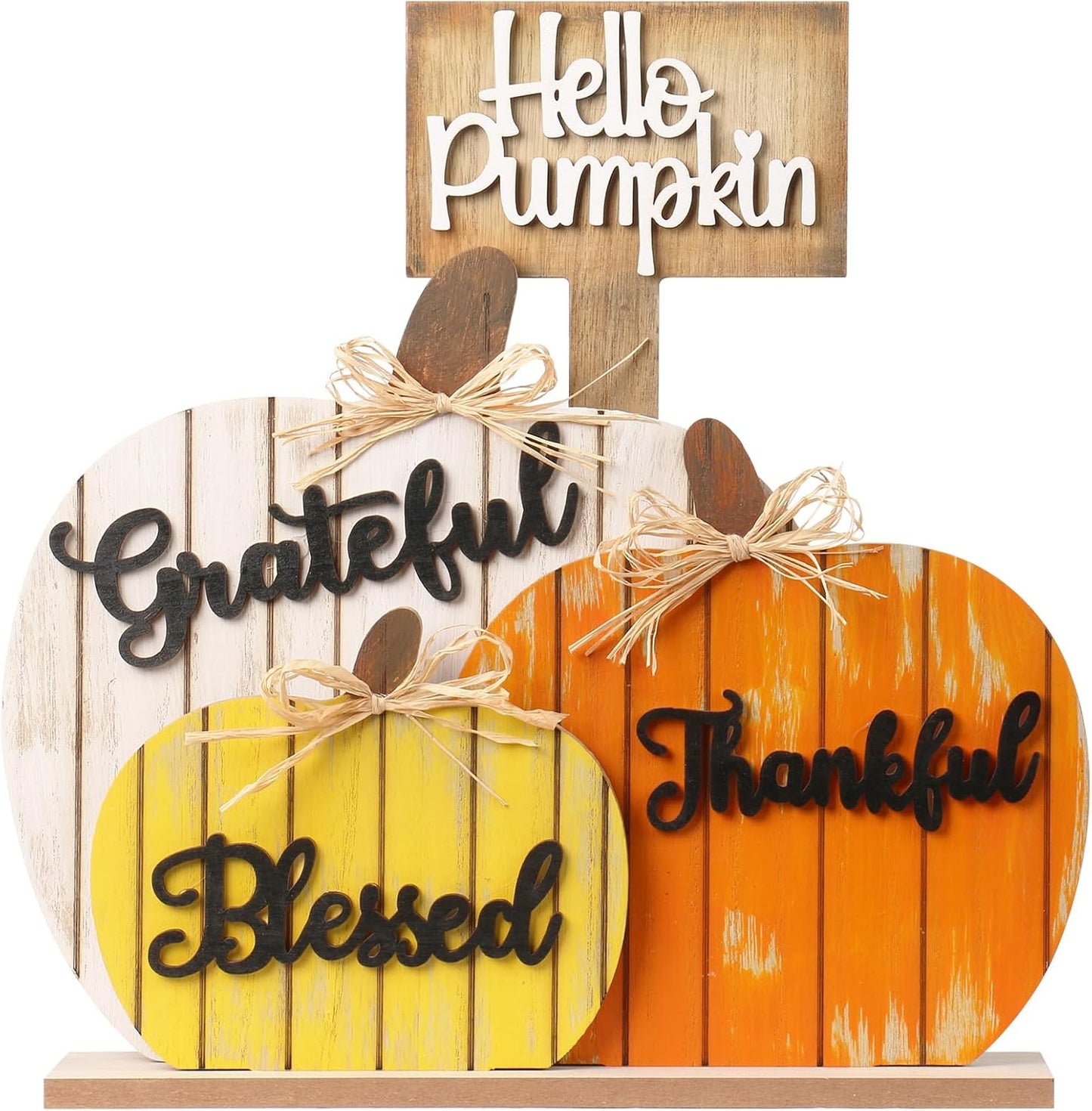 Rustic Wooden Blessed Grateful Thankful Hello Pumpkin Tabletop Sign Thanksgiving Decoration for Autumn Harvest Farmhouse Party Decor