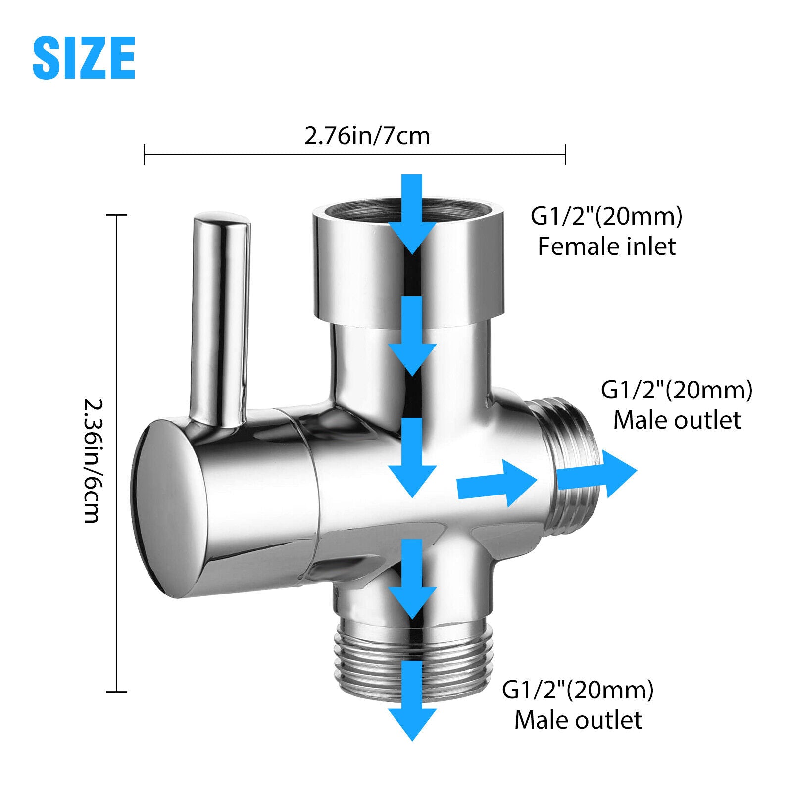 3 Way T-Adapter Chrome for Shower Head Arm Mount Diverter Valve Splitter G1/2"
