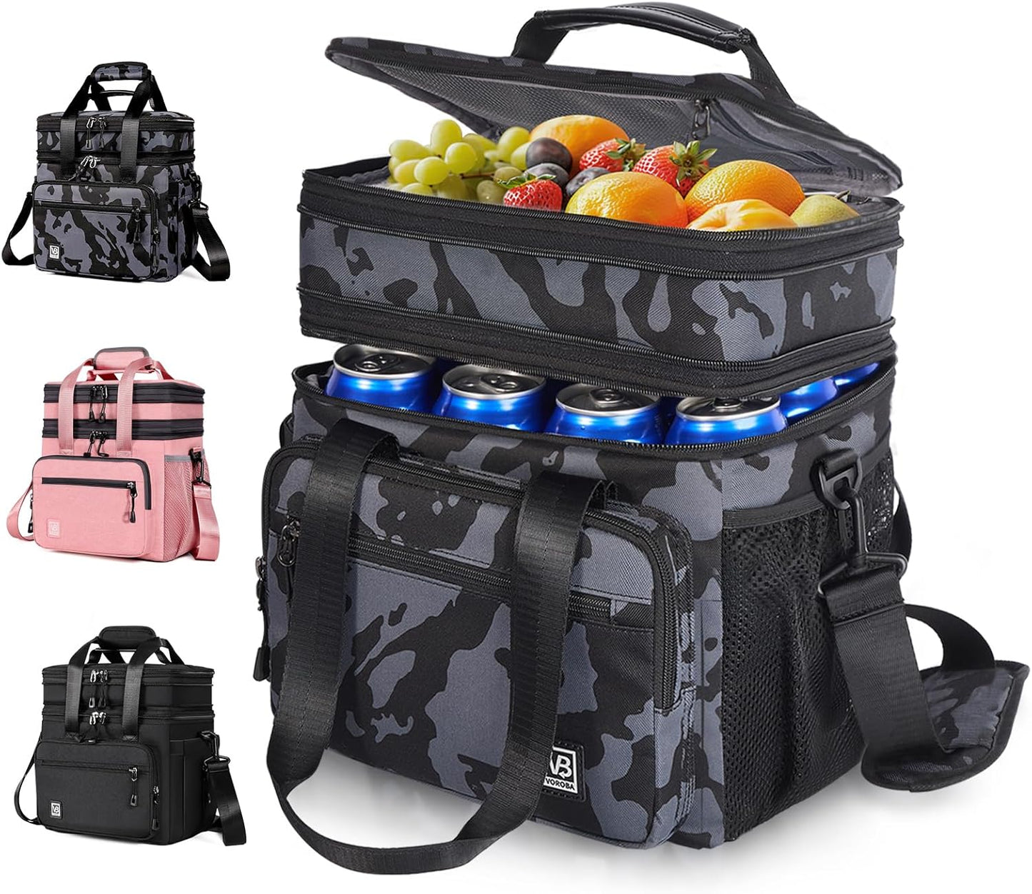 Double Deck Large Lunch Box Expandable Black Adult Lunch Box with Shoulder Strap 24 cans Adult Lunch Bag, Womens Lunch Bags for Work Travel Hiking