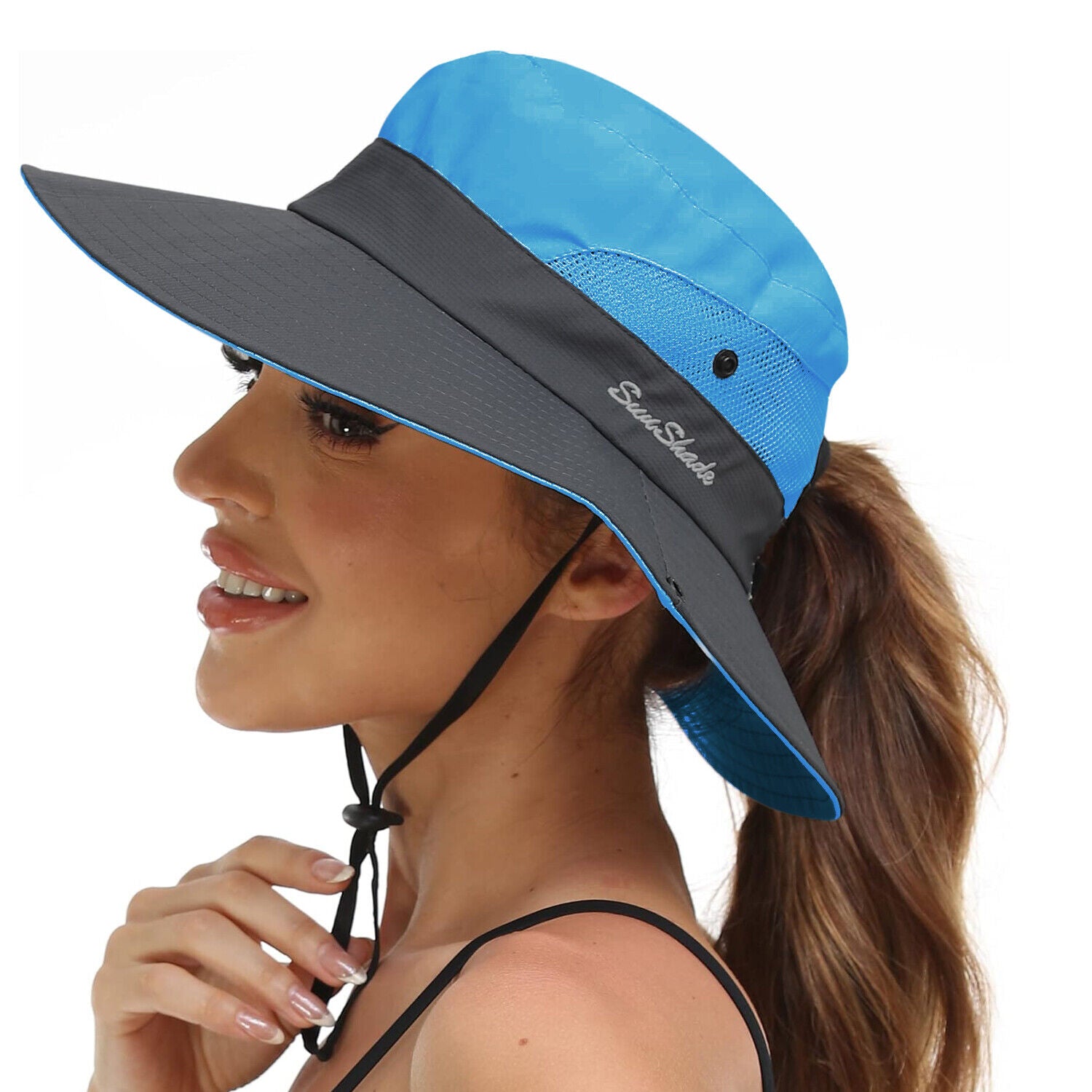 Summer Bucket Hat Boonie Women Ponytail Cap Wide Brim Sun UV Protection Travel