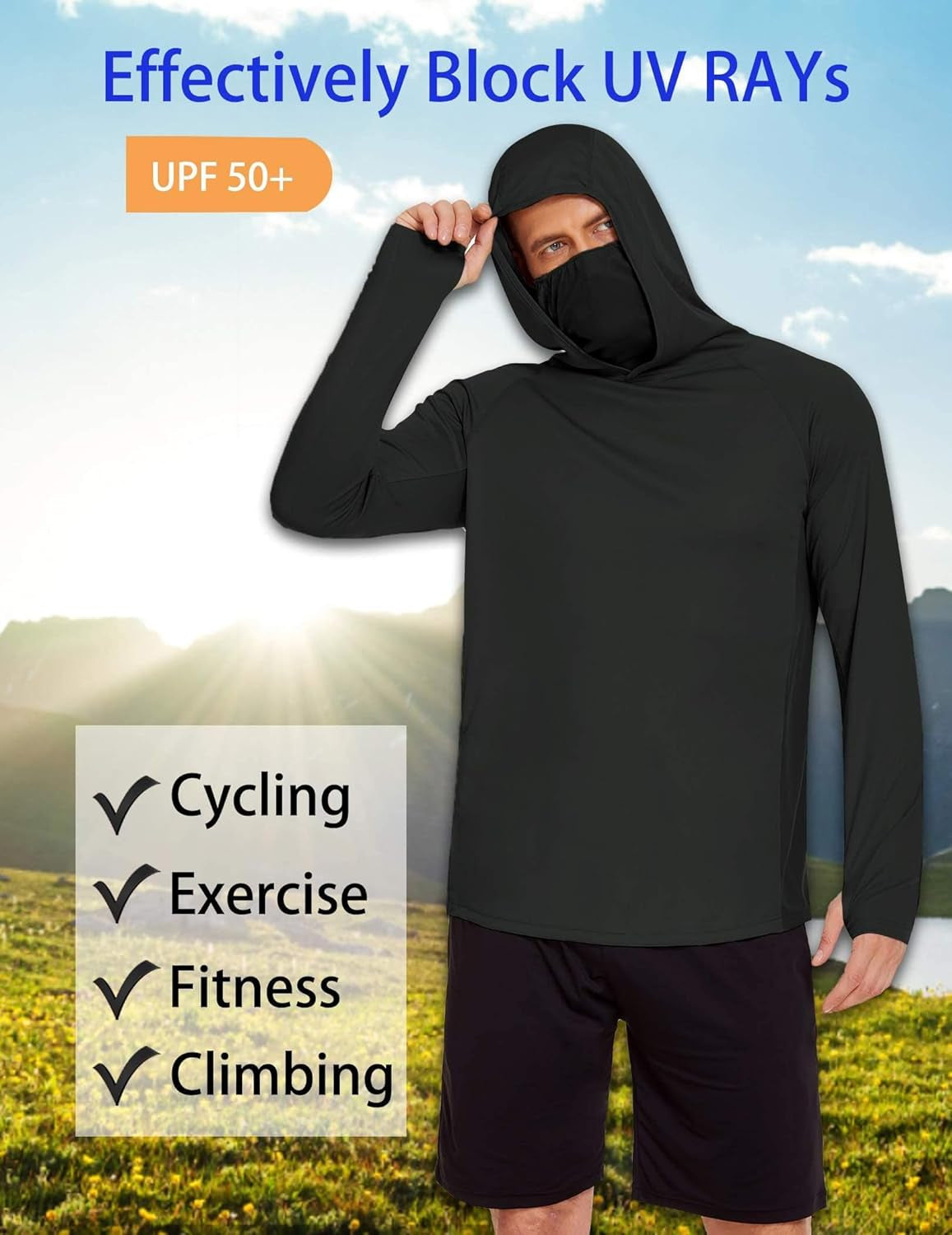 Men'S Hooded Sun Shirts with Mask Fishing Shirts for Men Long Sleeve UPF 50 Rash Guards Cooling Hoodies Hiking Shirts