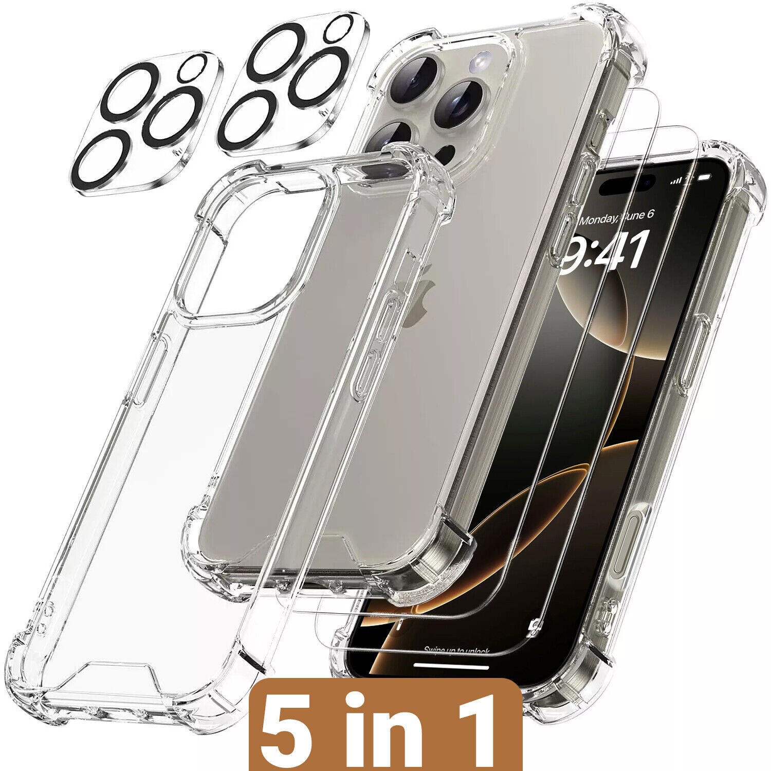 For Iphone 16 15  Pro Max Clear Shockproof Case +2*Screen +2*Lens Protector