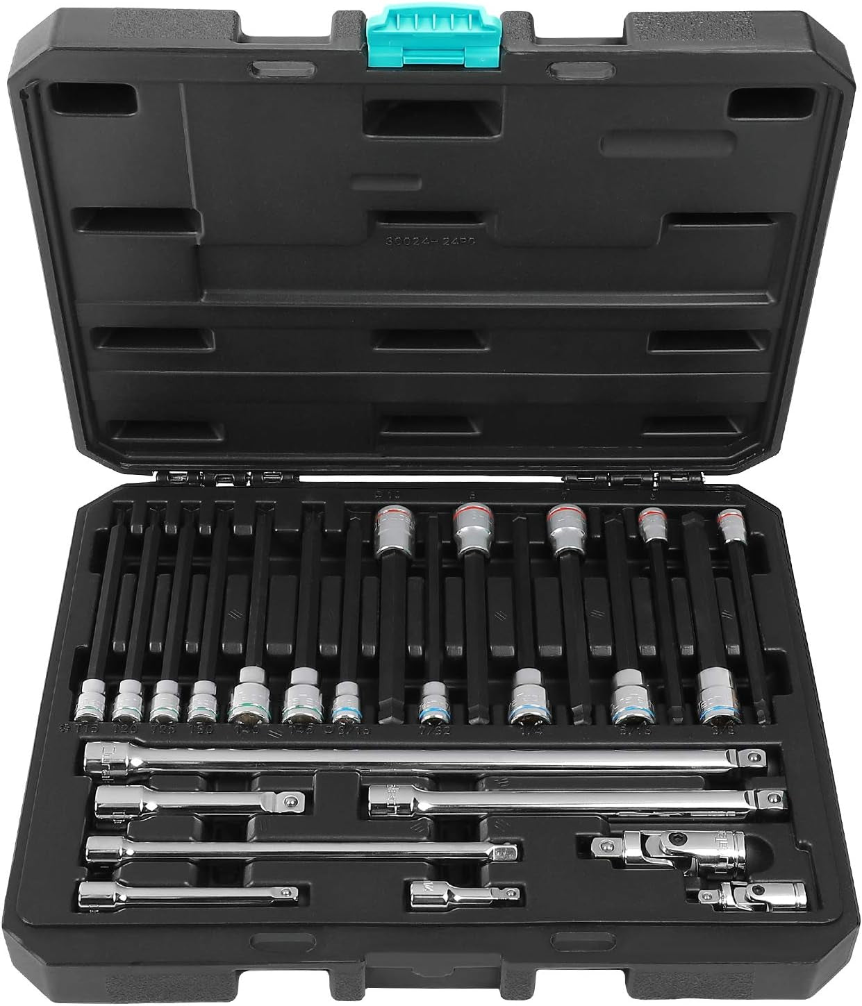 24-Piece Extra Long Bit Socket Set, 1/4'' and 3/8'' Drive, Torx and Allen Bit Sockets, with 6 Socket Extension Bars, 2 Universal Joints, Molded Case Included