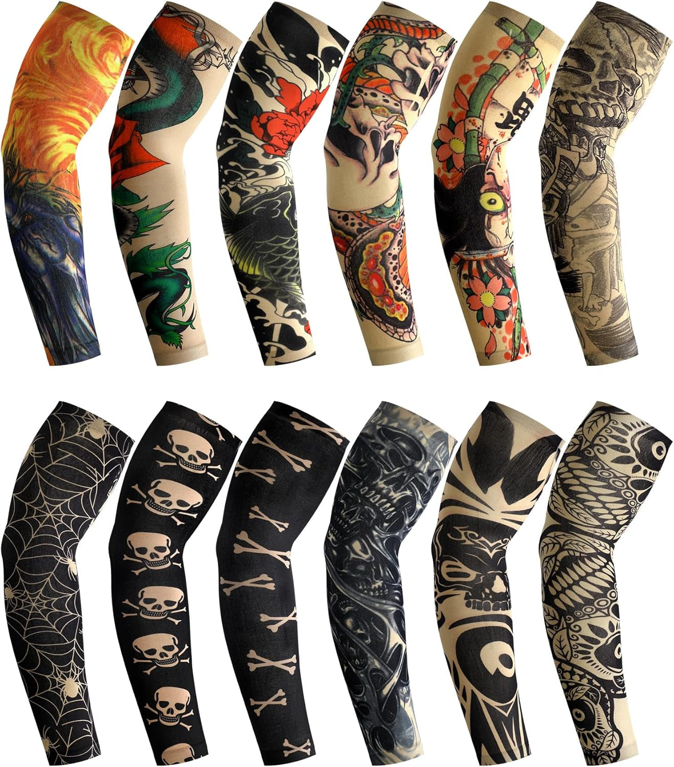 12 Pieces Cool Tattoo Sleeves Set Fake Arm Sleeves Cover Soft Elasticity Arm Protection 