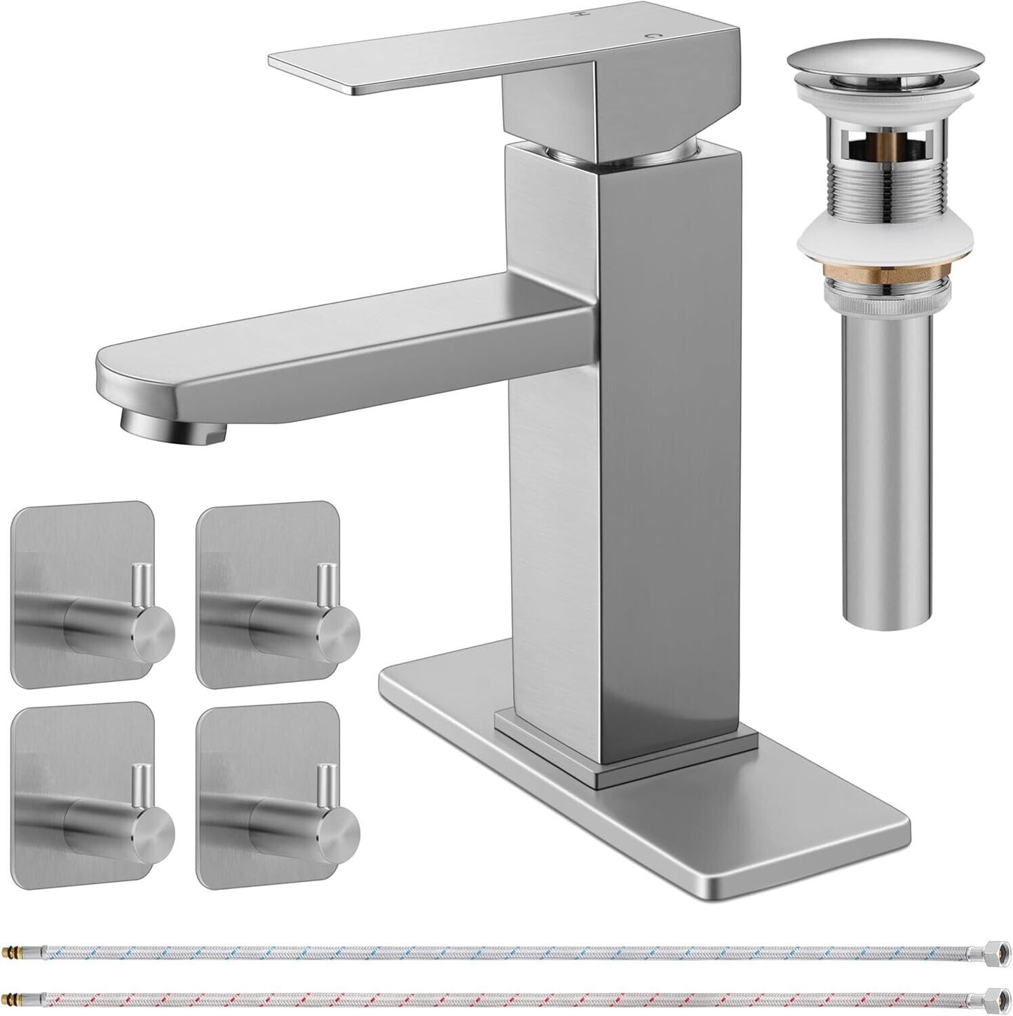Bathroom Faucet with Drain & Hooks, Brushed Nickel Bathroom Faucets for Sink 1 O