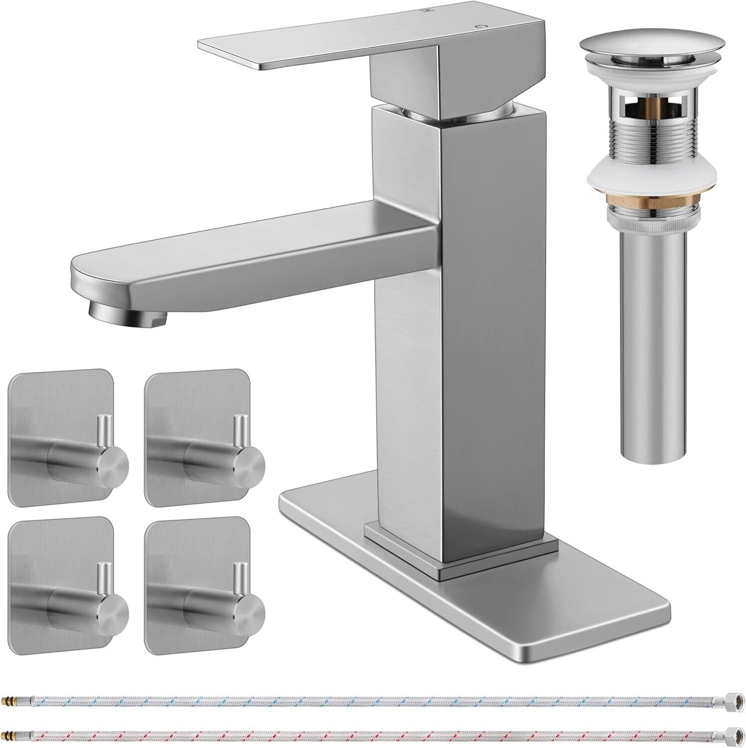 Bathroom Faucet with Drain & Hooks, Brushed Nickel Bathroom Faucets for Sink 1 O