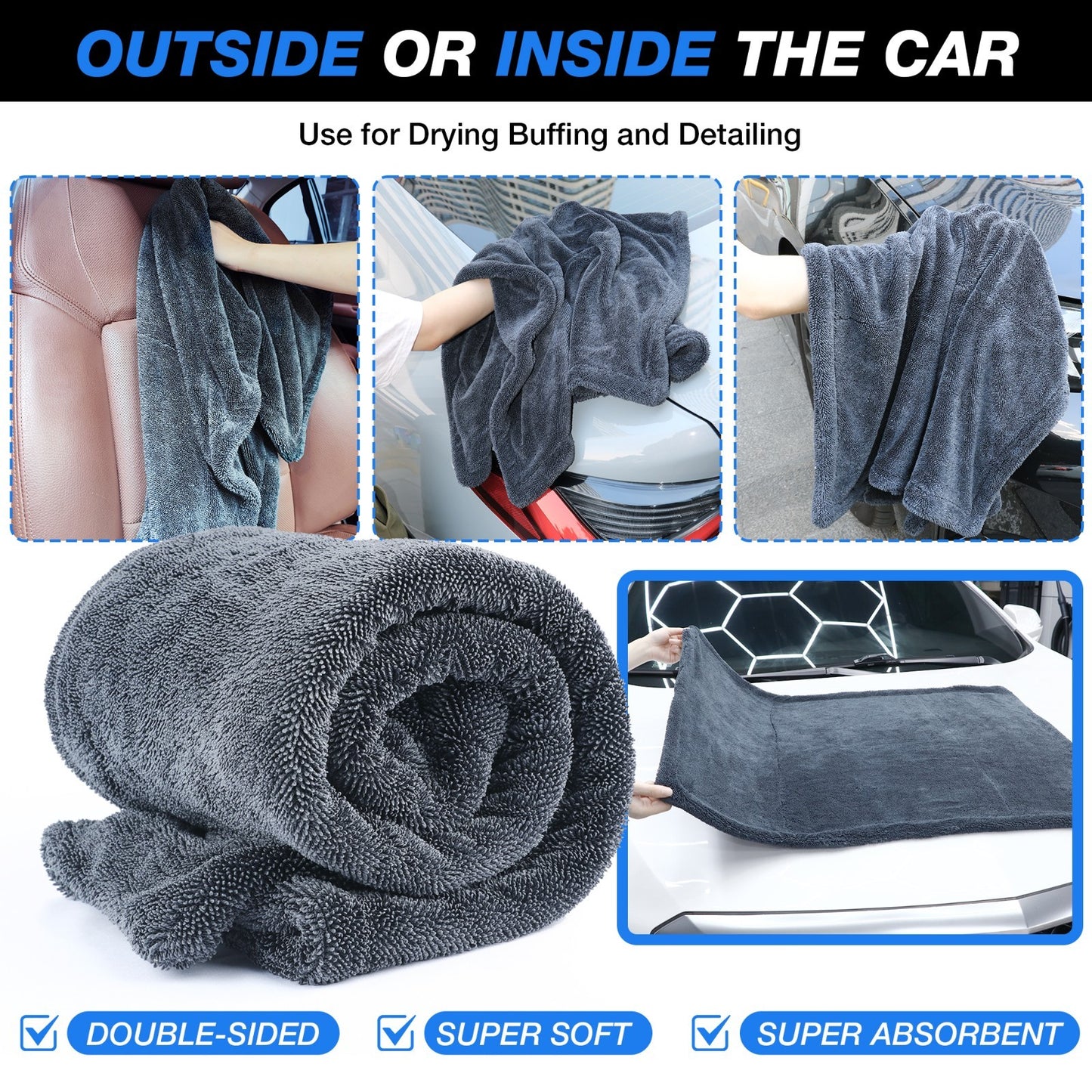  Water Absorbing Car Wash Microfiber Drying Towel Twisted Loop 1500GSM 24 X 36"