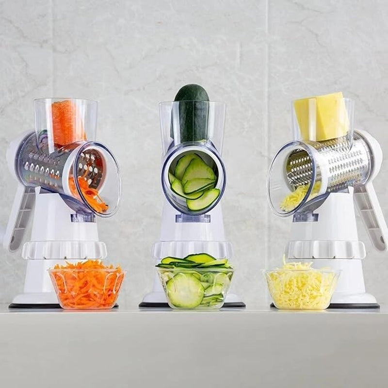 3-In-1 Manual Rotary Cheese & Vegetable Grater – Stainless Steel Blades with Suction Base