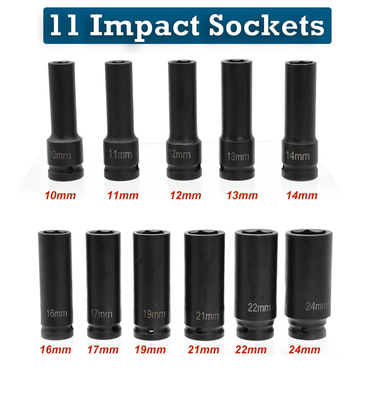 11Pcs Deep Impact Socket Set 1/2" 6Pt Drive Metric Axle Hub Nut Sockets 10-24Mm