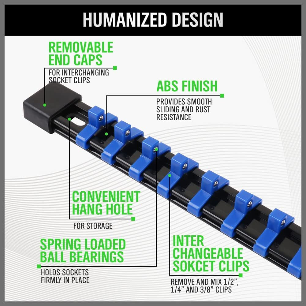 Heavy-Duty 9PCS ABS Socket Rail Holder – Wall Mount for 1/2", 3/8", 1/4" Drives