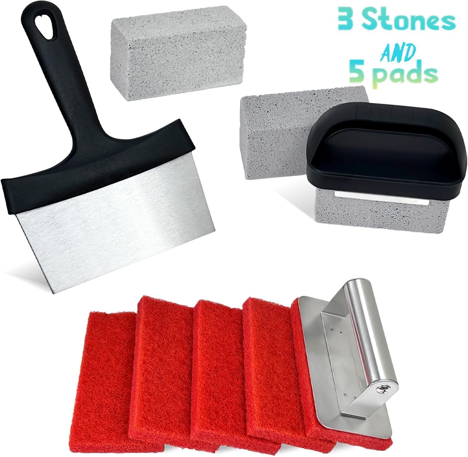 11 PCS  Griddle Cleaning Kit Heavy Flat Top Grill Cleaner Tool Set 3 Stones