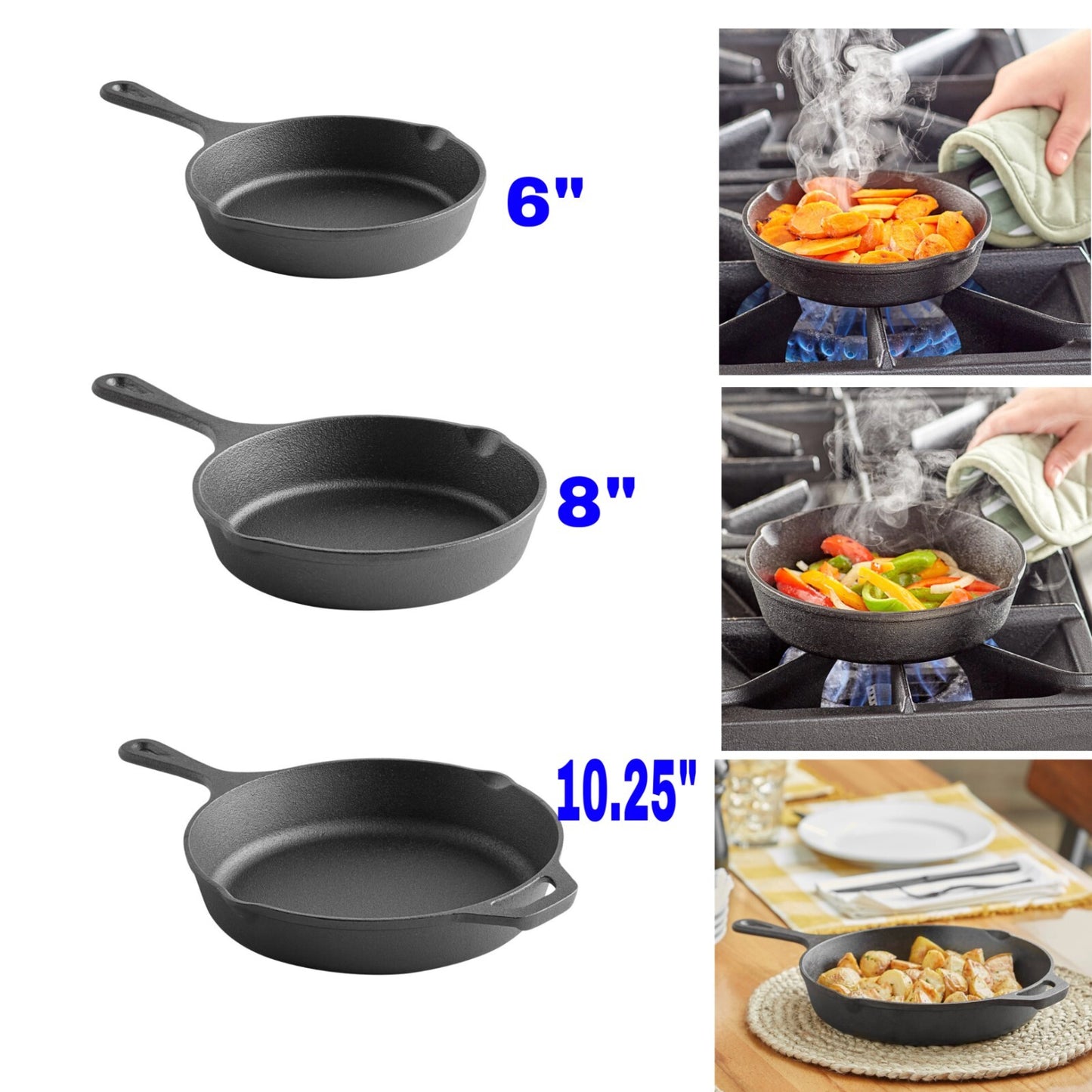 Heavy Duty Pre-Seasoned Cast Iron Skillet Pan 6”, 8”, or 10.25 Inch