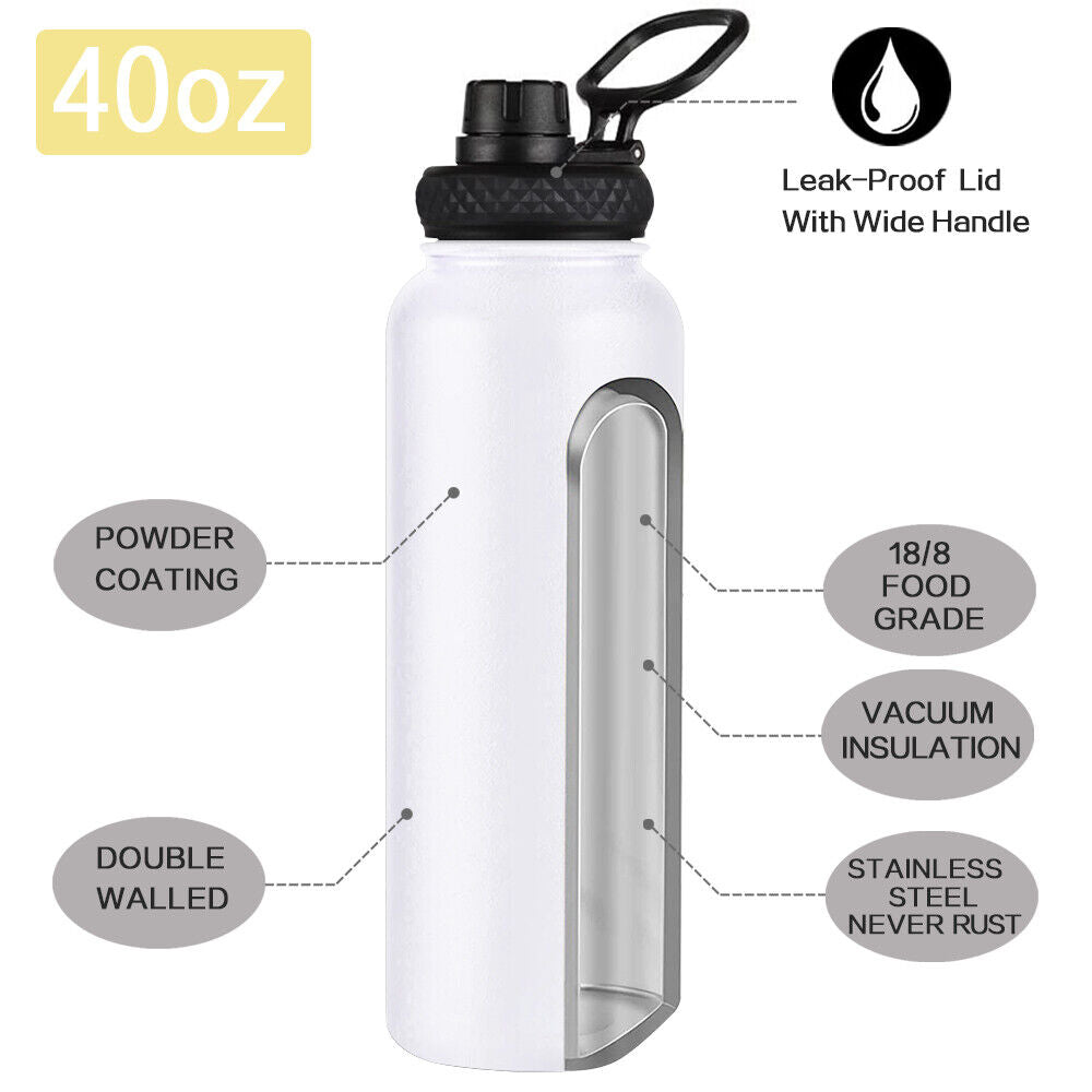 Water Bottle Stainless Steel Vacuum Double Wall Insulation Sport Wide Mouth 40 Oz 
