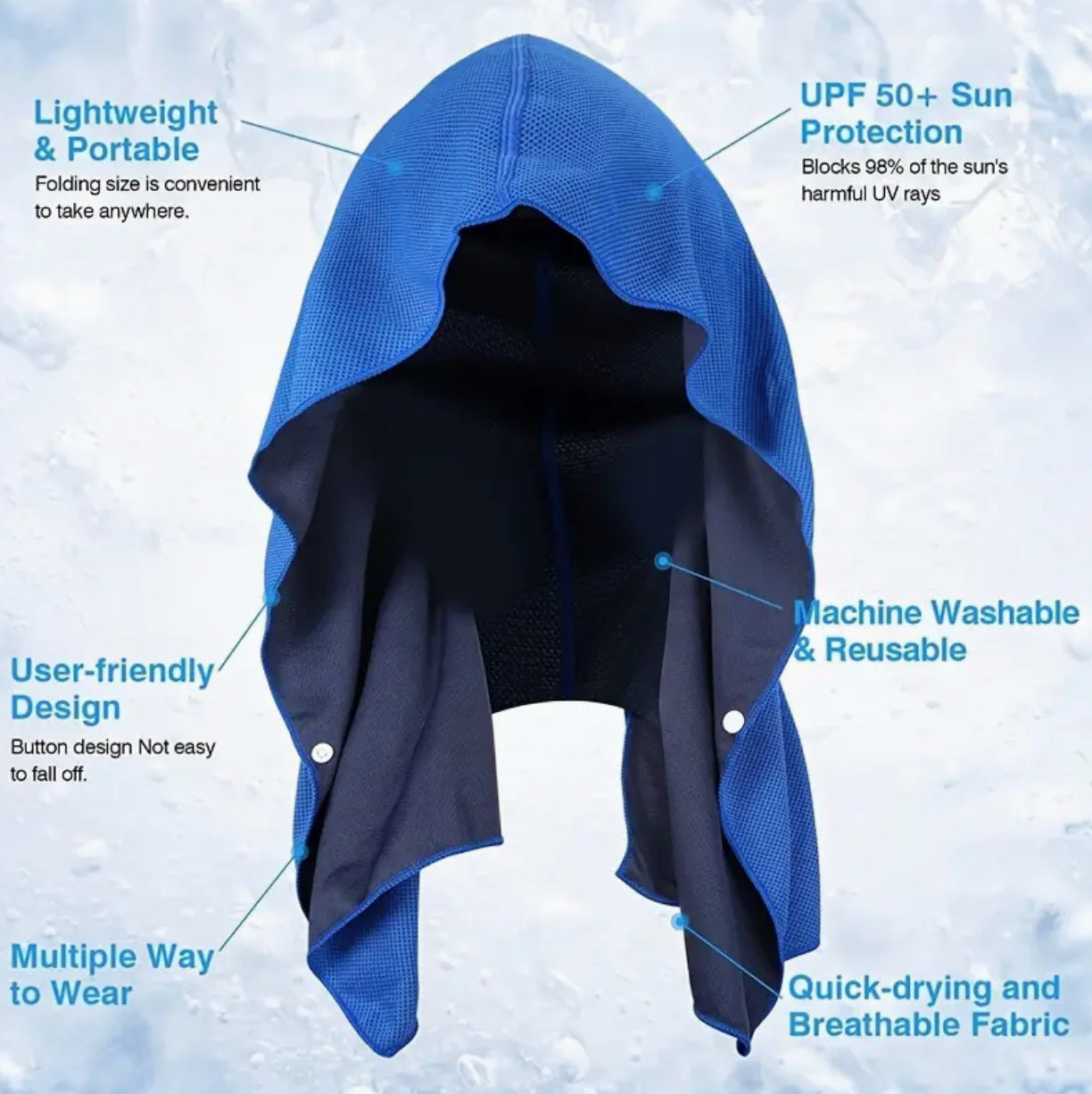 Royal Blue Cooling Towel Hoodie for Neck Sports Outdoor