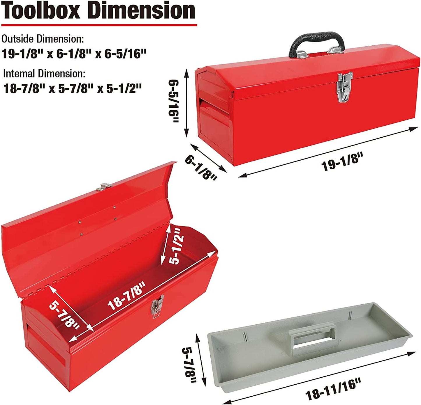 19" Steel Portable Tool Box Organizer with Metal Latch Closure and Removable Storage Tray, Red