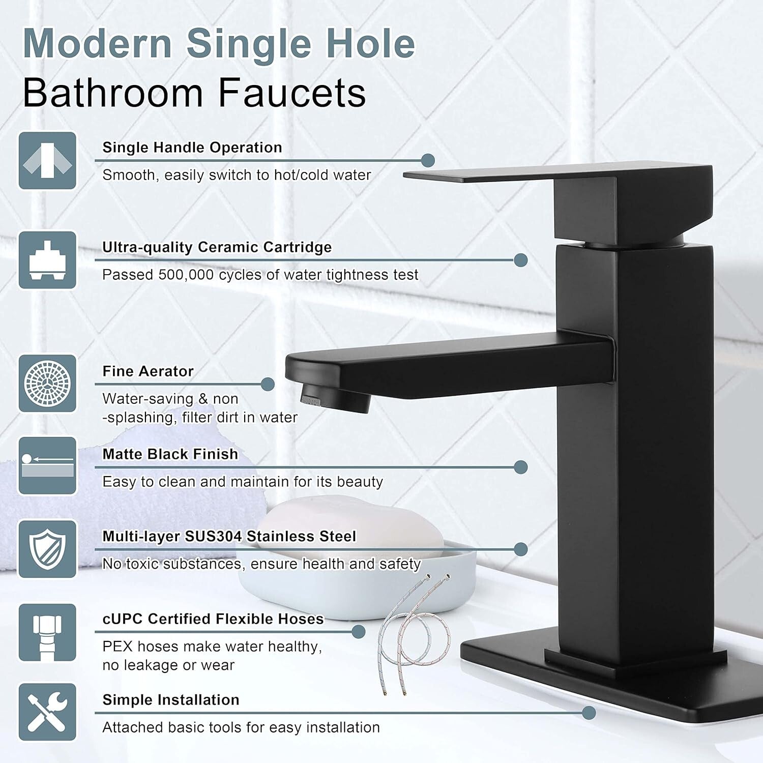 Bathroom Faucet with Drain & Hooks, Brushed Nickel Bathroom Faucets for Sink 1 O