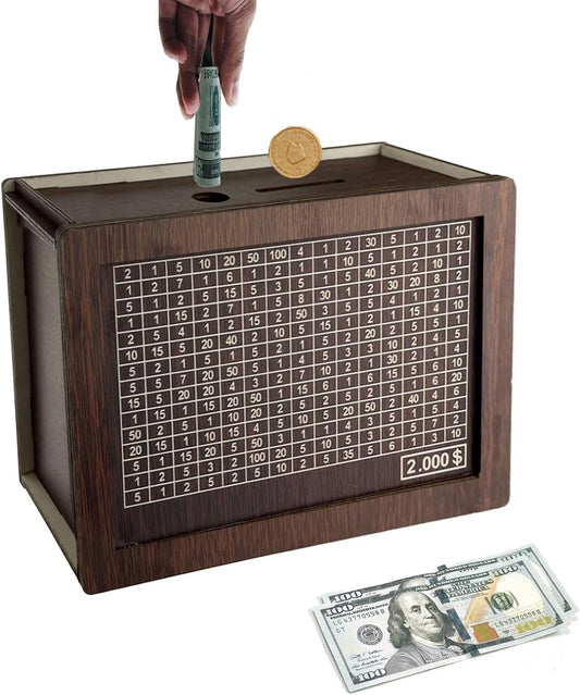 Wooden Money Box Money Bank Countdown Money Saving Box with 2000 Dollars Target A