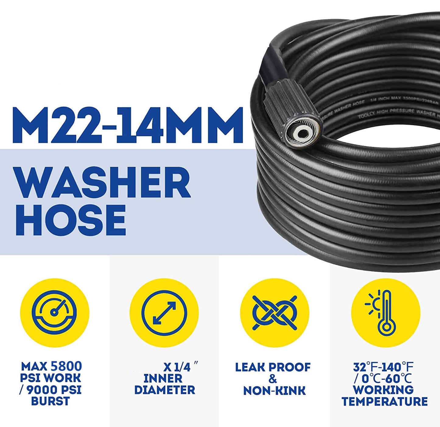 50FT High-Pressure Power Washer Hose – 5800 PSI M22 14mm Extension Replacement Hose for Pressure Washers