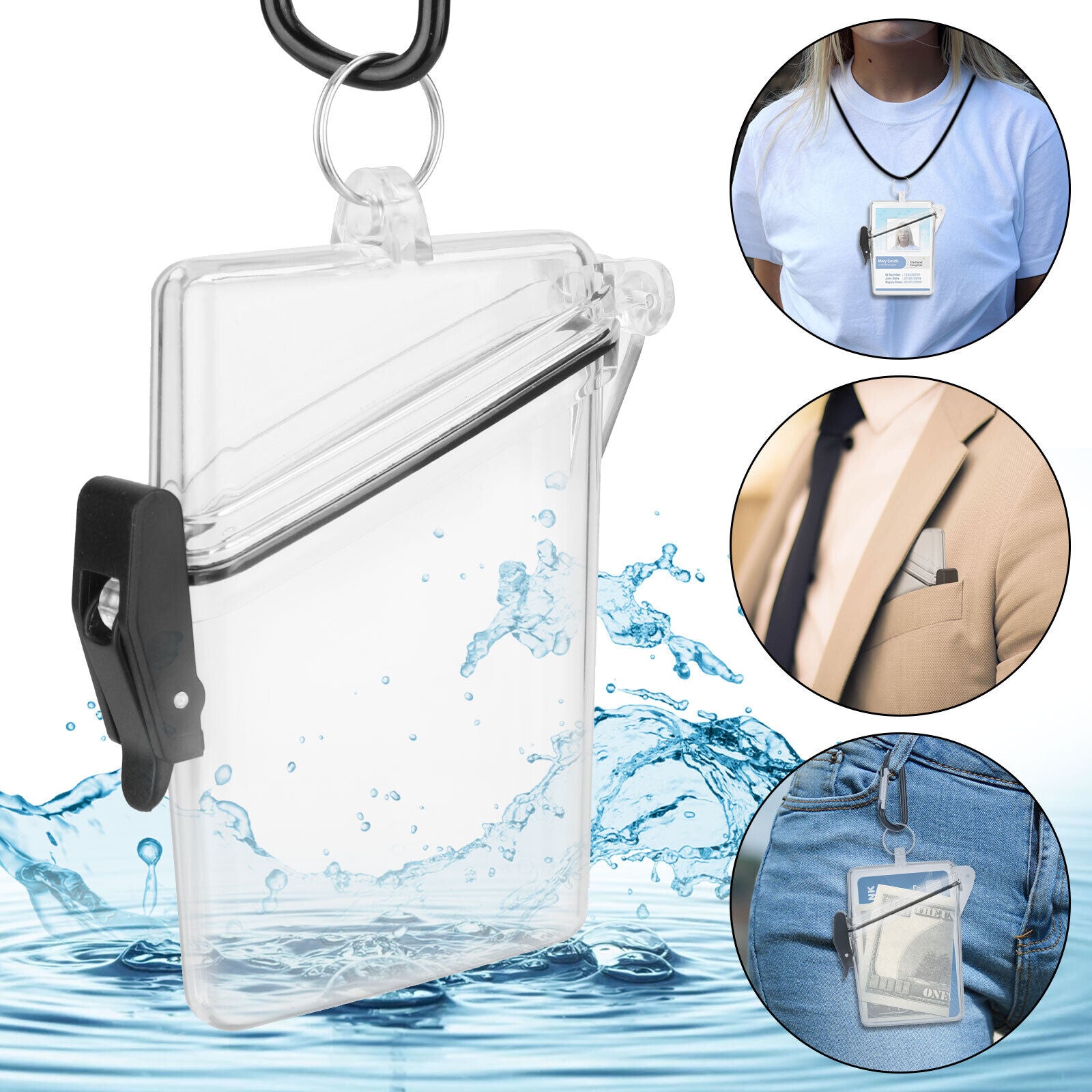 Waterproof ID Badge Holder Case, Clear Hard Plastic Card Protector with Lanyard