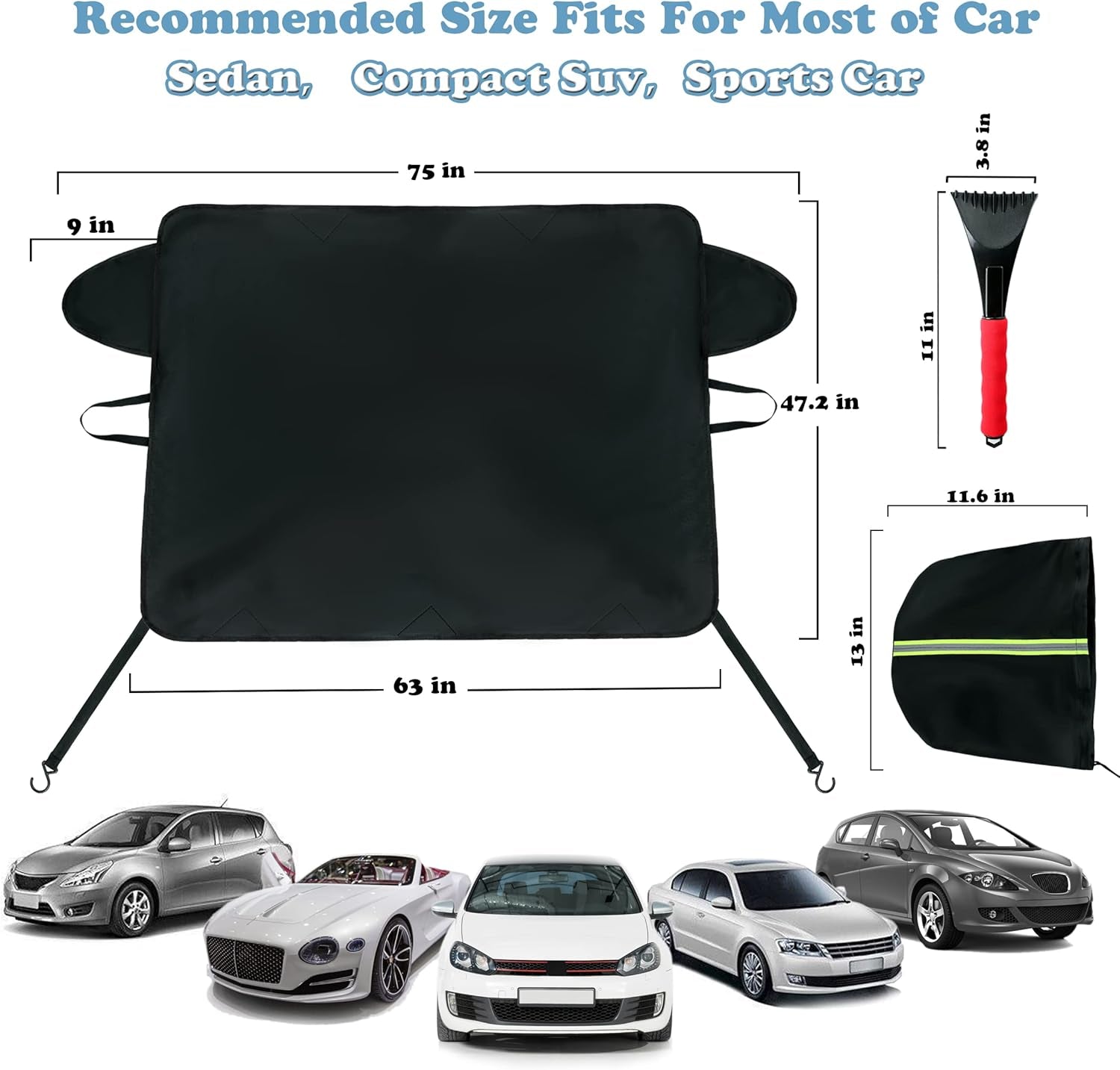 Car Windshield Snow Cover for Ice and Snow Durable 600D Oxford Fabric with Side Mirror Covers Ice Scrapers