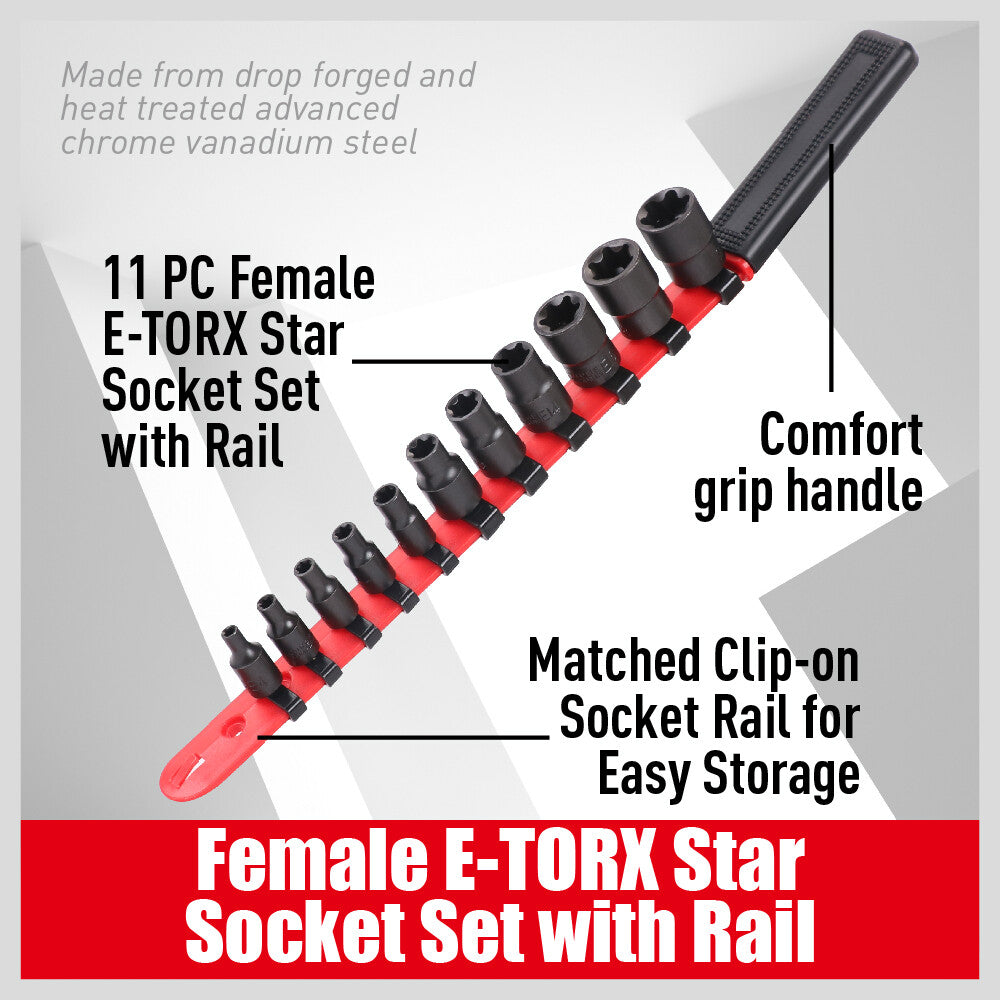 11-Piece Female E-Torx Star Socket Set with Rail | E4 to E20 | 1/4'' & 3/8'' Drive Torque Sockets