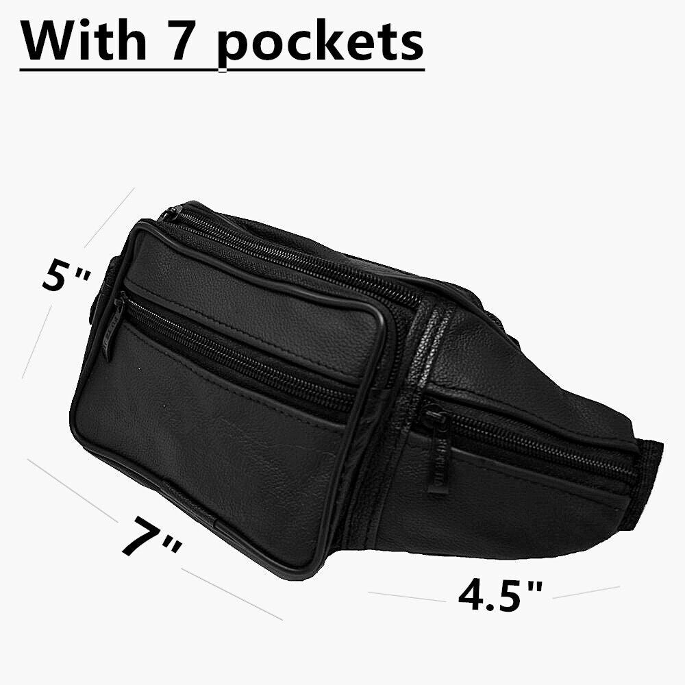 Genuine Leather Fanny Pack Multi Zippered Waist Bag Hip Belt Purse Black Pouch