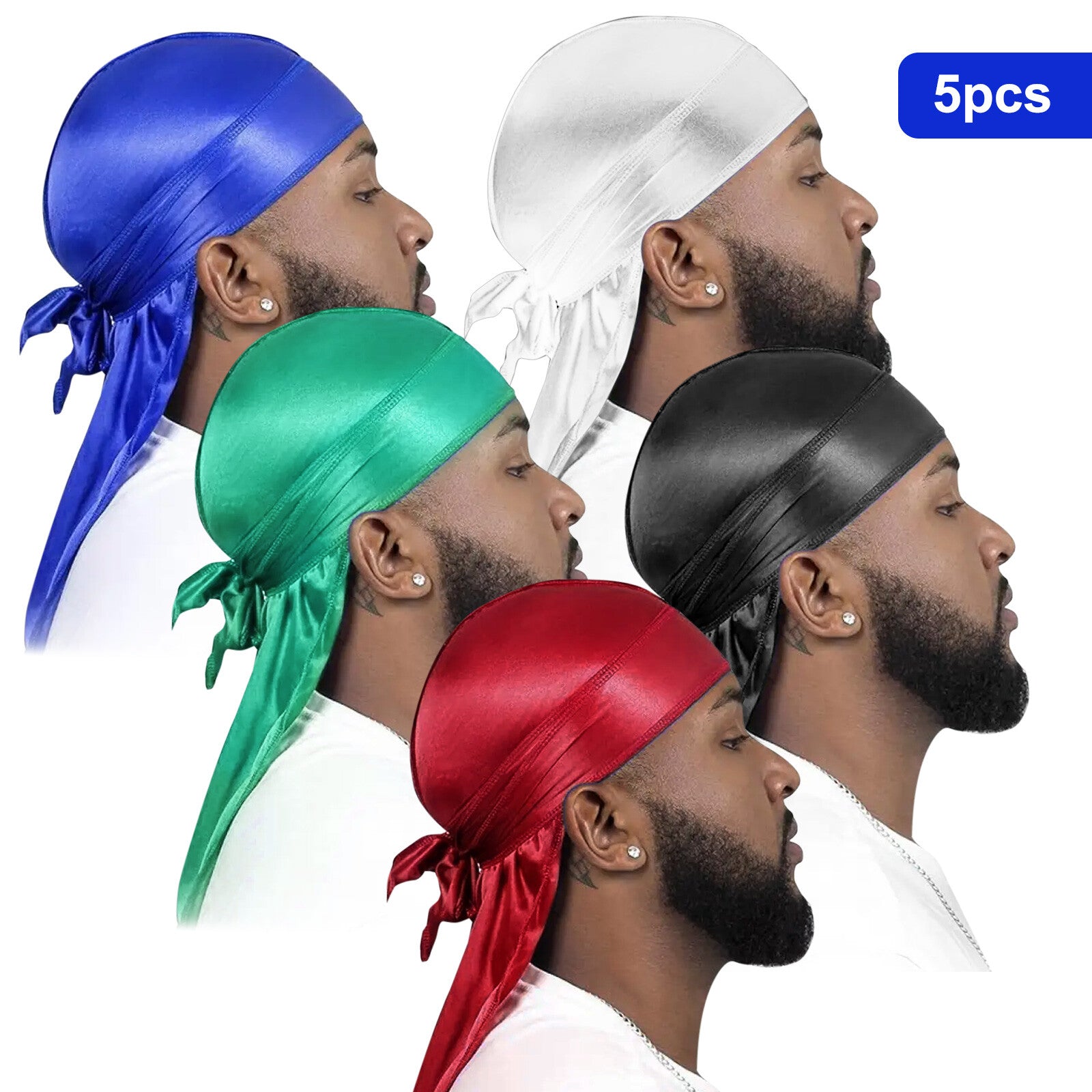 5PCS Silky Durag Caps Wave Wide Strap Headwraps Long Tail Turban Beanies for Men, Women, Multicoloured