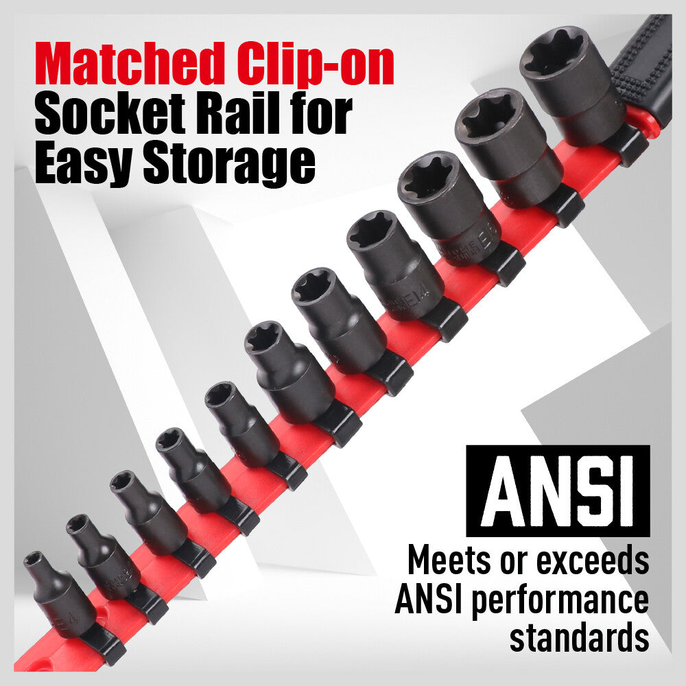 11-Piece Female E-Torx Star Socket Set with Rail | E4 to E20 | 1/4'' & 3/8'' Drive Torque Sockets