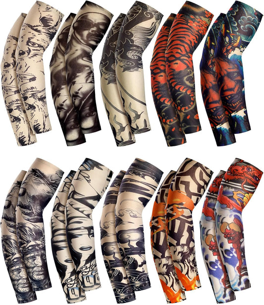 10 Pairs Men'S Cooling Arm Sleeves Temporary Tattoo Arm Sleeves Elegant Style Long Fingerless Arm Cover anti Slip UV Protection Sports 