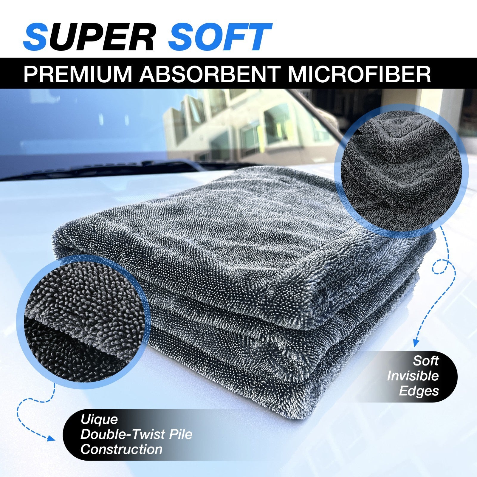  Water Absorbing Car Wash Microfiber Drying Towel Twisted Loop 1500GSM 24 X 36"