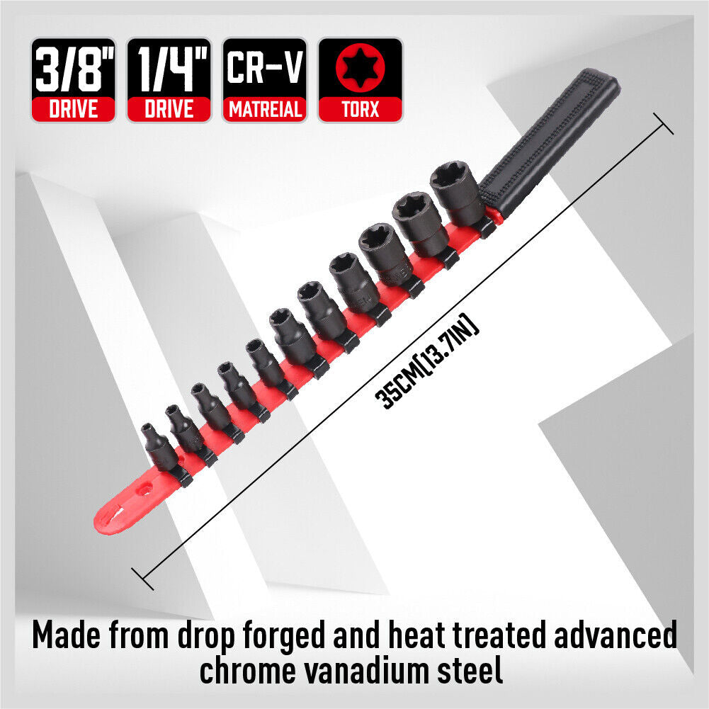 11-Piece Female E-Torx Star Socket Set with Rail | E4 to E20 | 1/4'' & 3/8'' Drive Torque Sockets