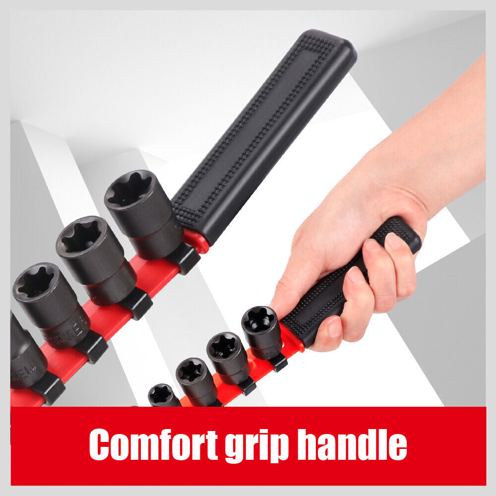 11-Piece Female E-Torx Star Socket Set with Rail | E4 to E20 | 1/4'' & 3/8'' Drive Torque Sockets