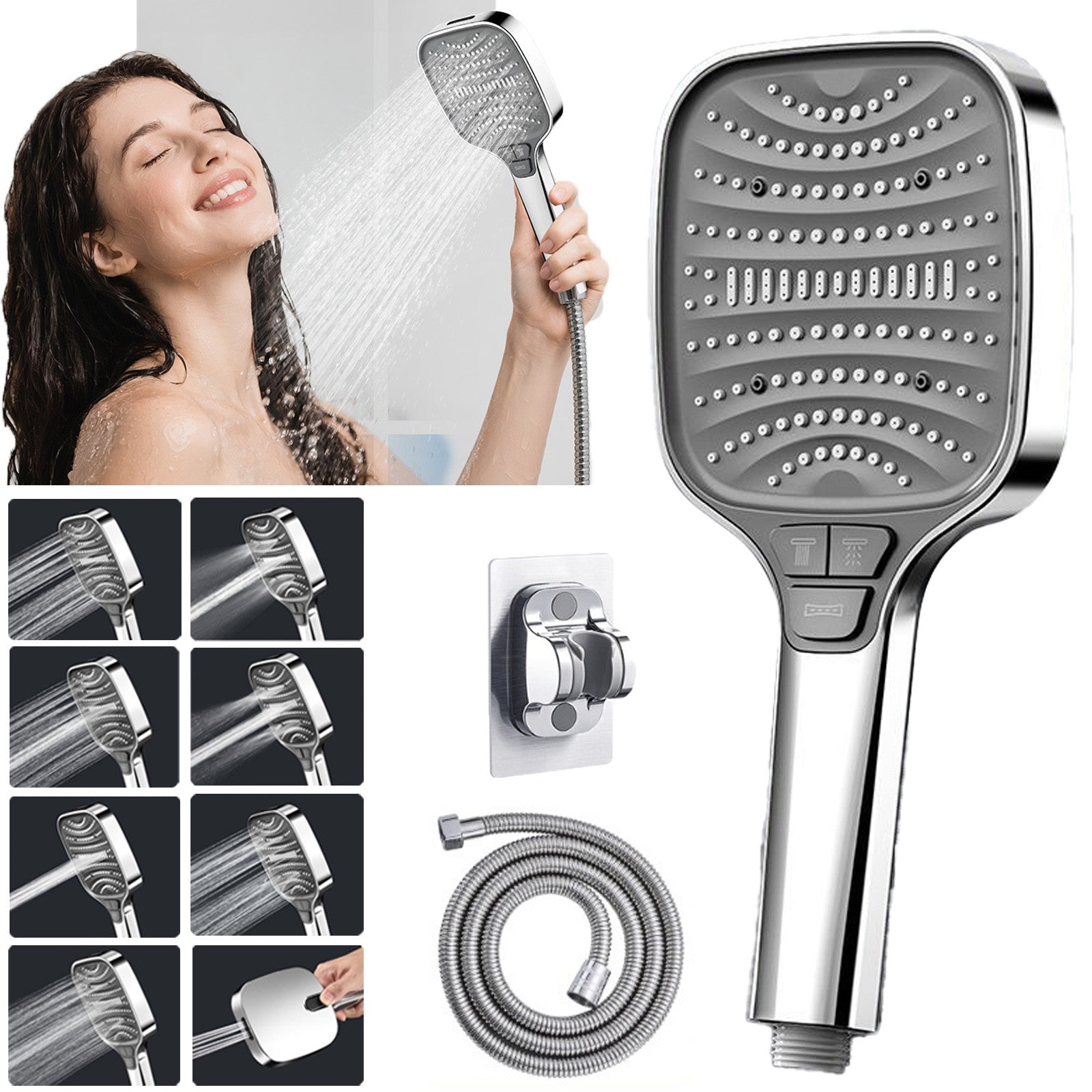 High Pressure Shower Head 8 Settings Handheld Shower Spray with 5 FT Hose+Holder