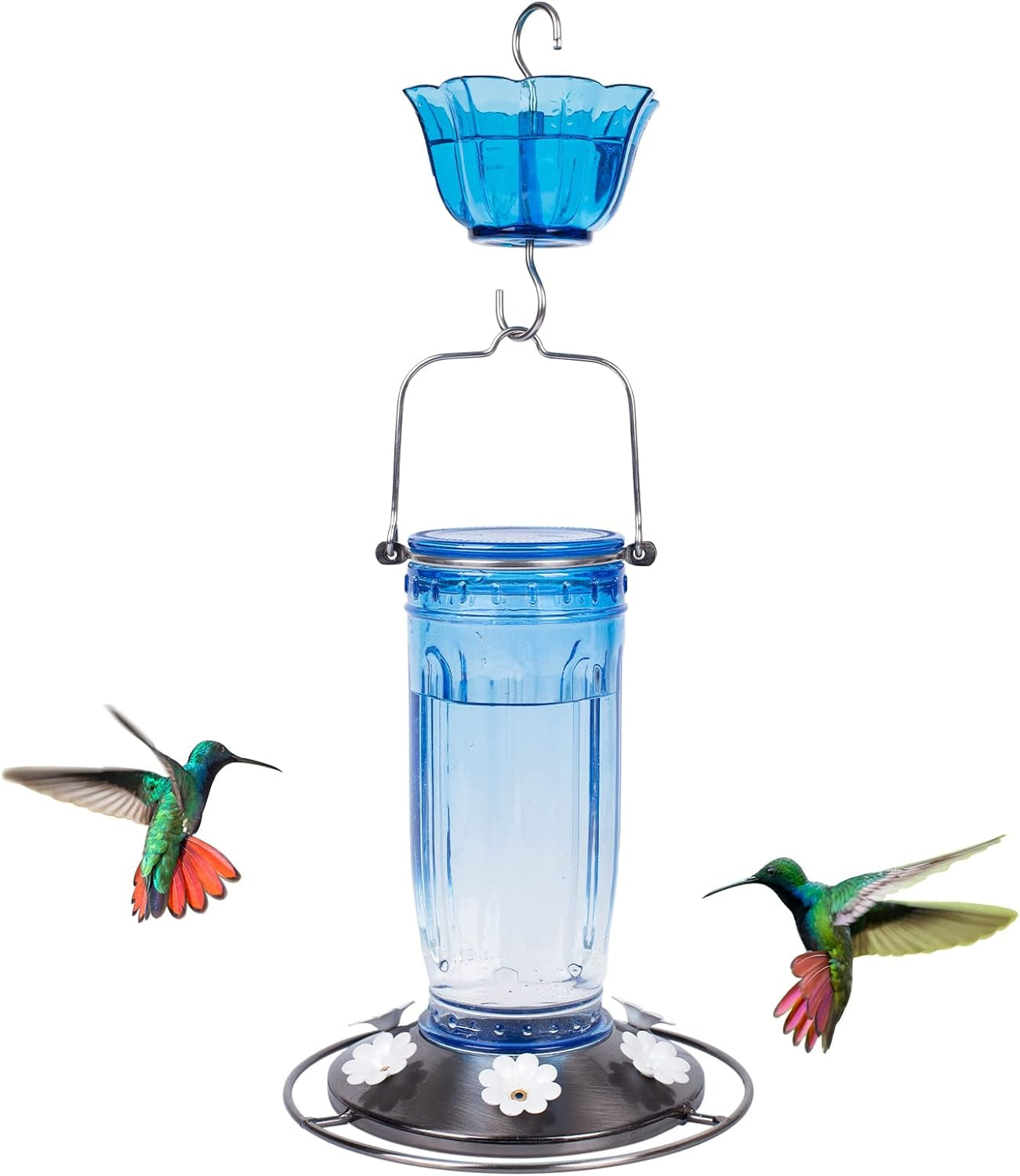 Glass Hummingbird Feeder for Outdoors Wild Bird Feeder with 6 Feeding Ports Hanging for Garden Yard, Blue (Ant Moat Included)