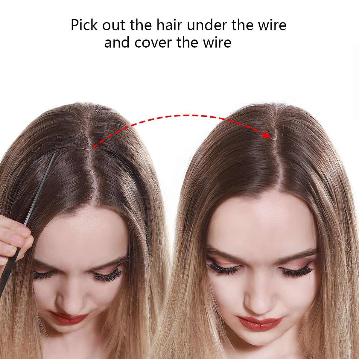 18'' Invisible Wire Hair Extensions with 3 Clips - Adjustable Synthetic Wavy Curly Hairpiece with Transparent Headband for Women, Ash Medium Brown/Ash Blonde Highlights