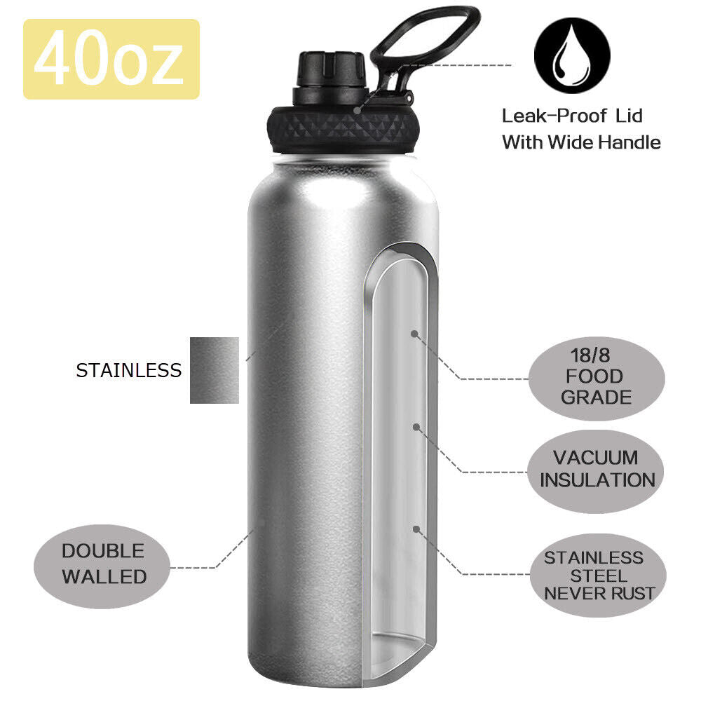 Water Bottle Stainless Steel Vacuum Double Wall Insulation Sport Wide Mouth 40 Oz 
