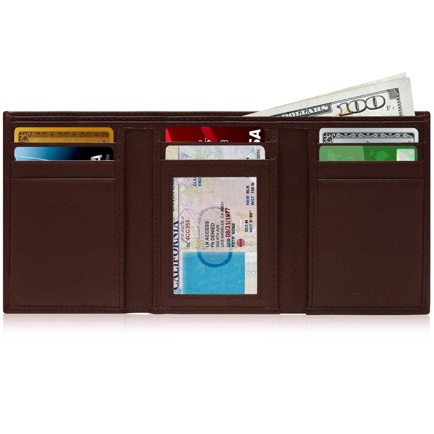 Genuine Leather Mens Wallet Slim Trifold Wallets for Men with ID Window RFID