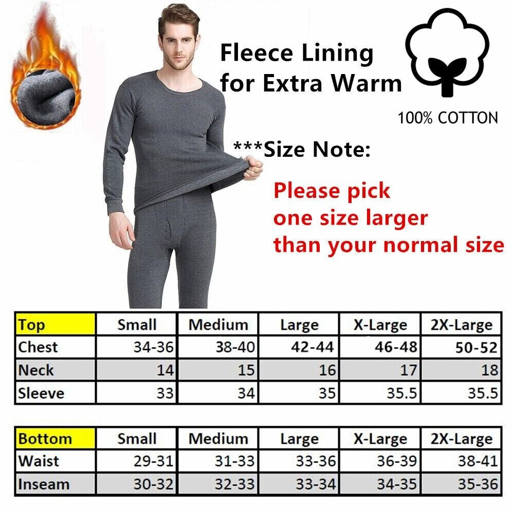 Men 100% Cotton Thermal Fleece Lined Warm Underwear Top+Pants 2PC Set