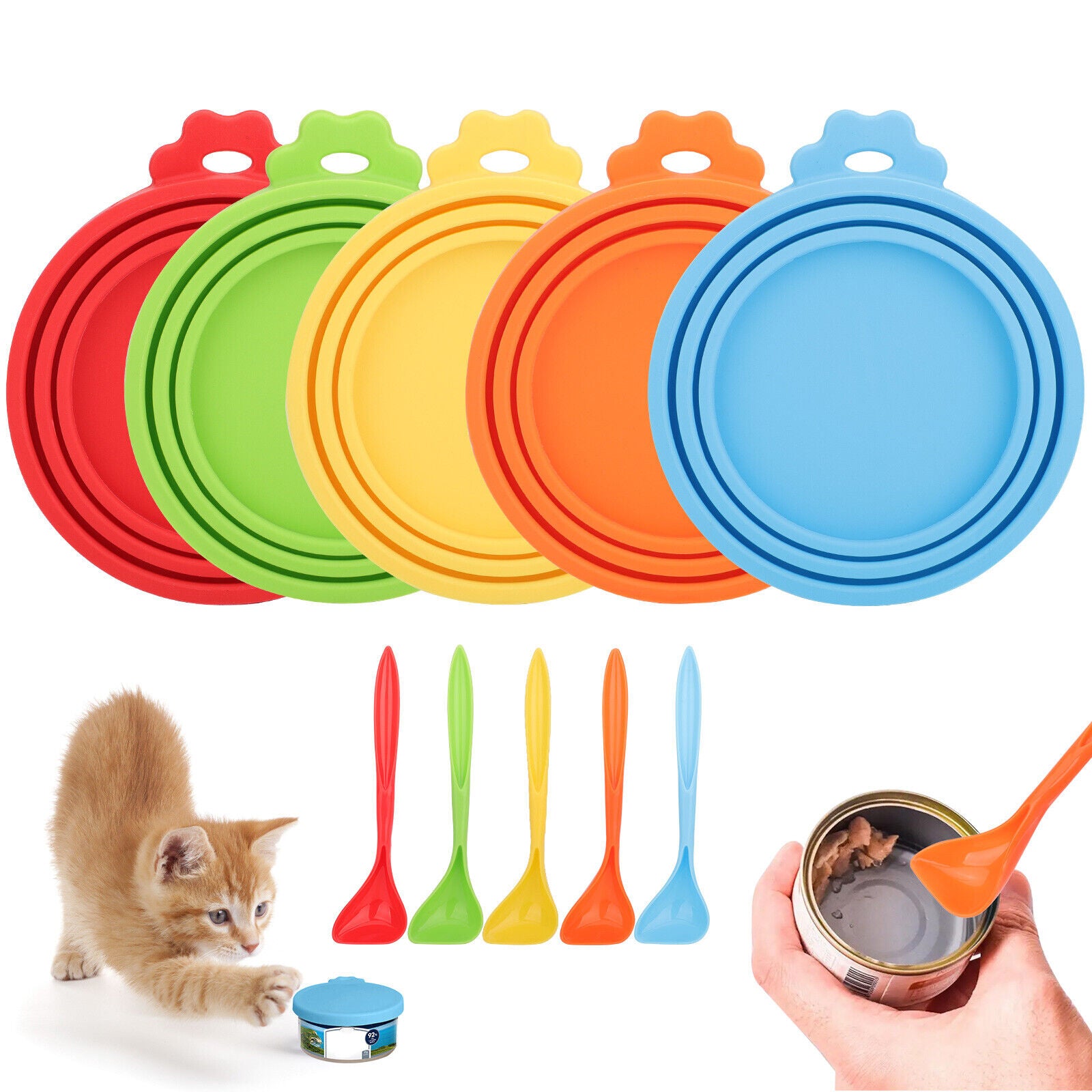 5Pcs Pet Food Can Cover with Spoon Safe Silicone Cap Can Lids for Dog Cat Food
