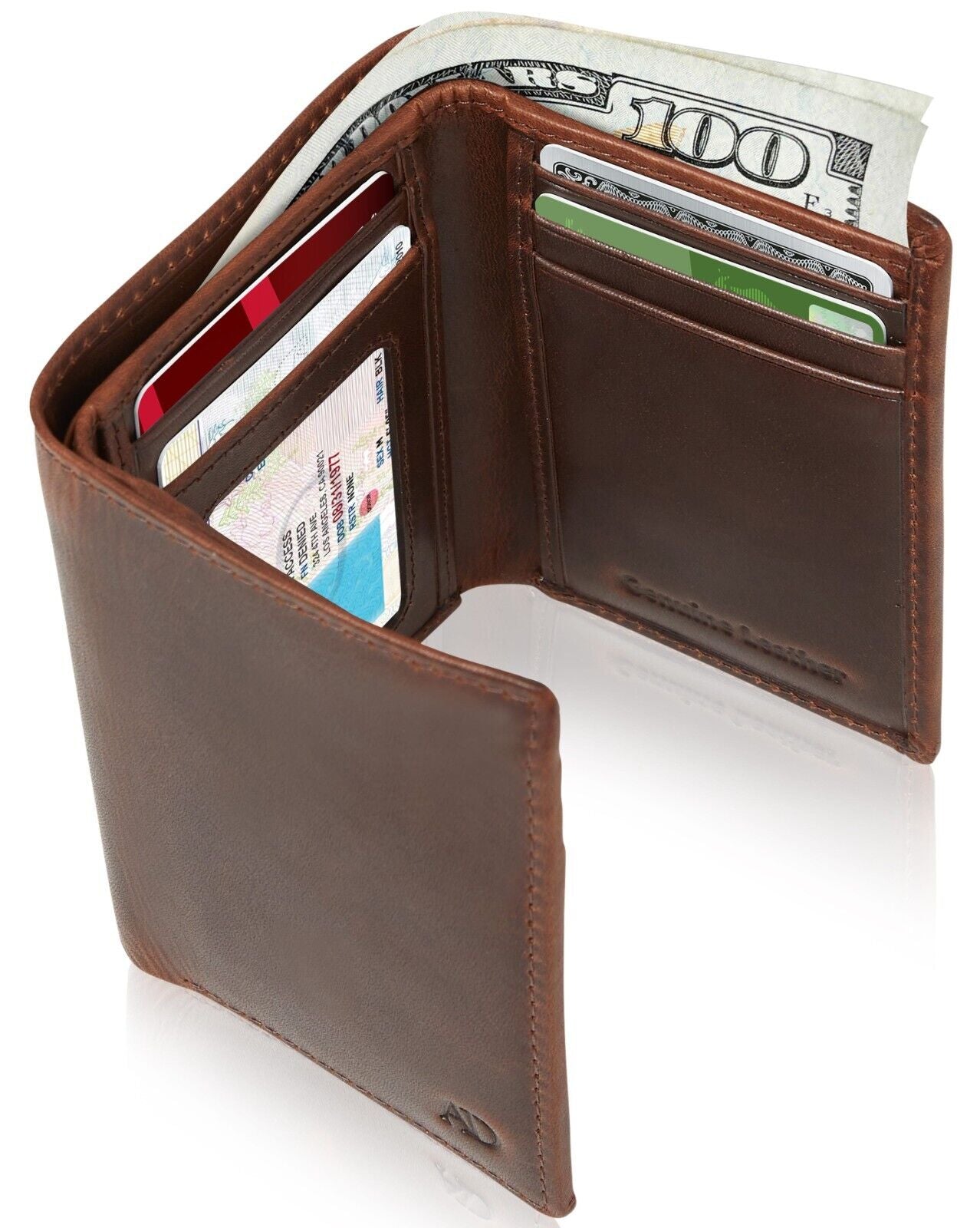 Genuine Leather Mens Wallet Slim Trifold Wallets for Men with ID Window RFID