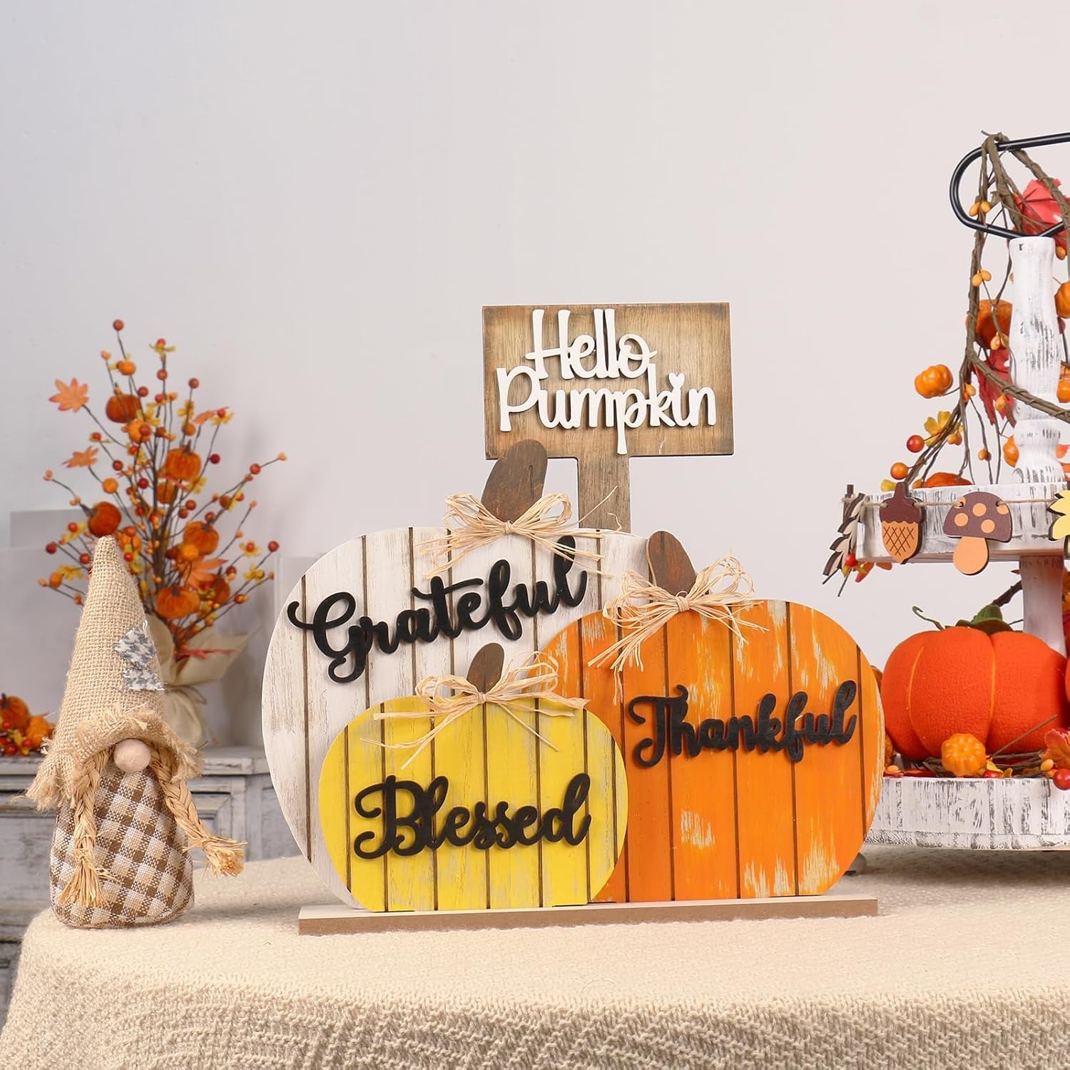 Rustic Wooden Blessed Grateful Thankful Hello Pumpkin Tabletop Sign Thanksgiving Decoration for Autumn Harvest Farmhouse Party Decor