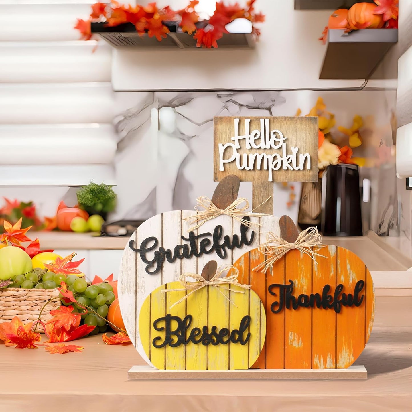 Rustic Wooden Blessed Grateful Thankful Hello Pumpkin Tabletop Sign Thanksgiving Decoration for Autumn Harvest Farmhouse Party Decor