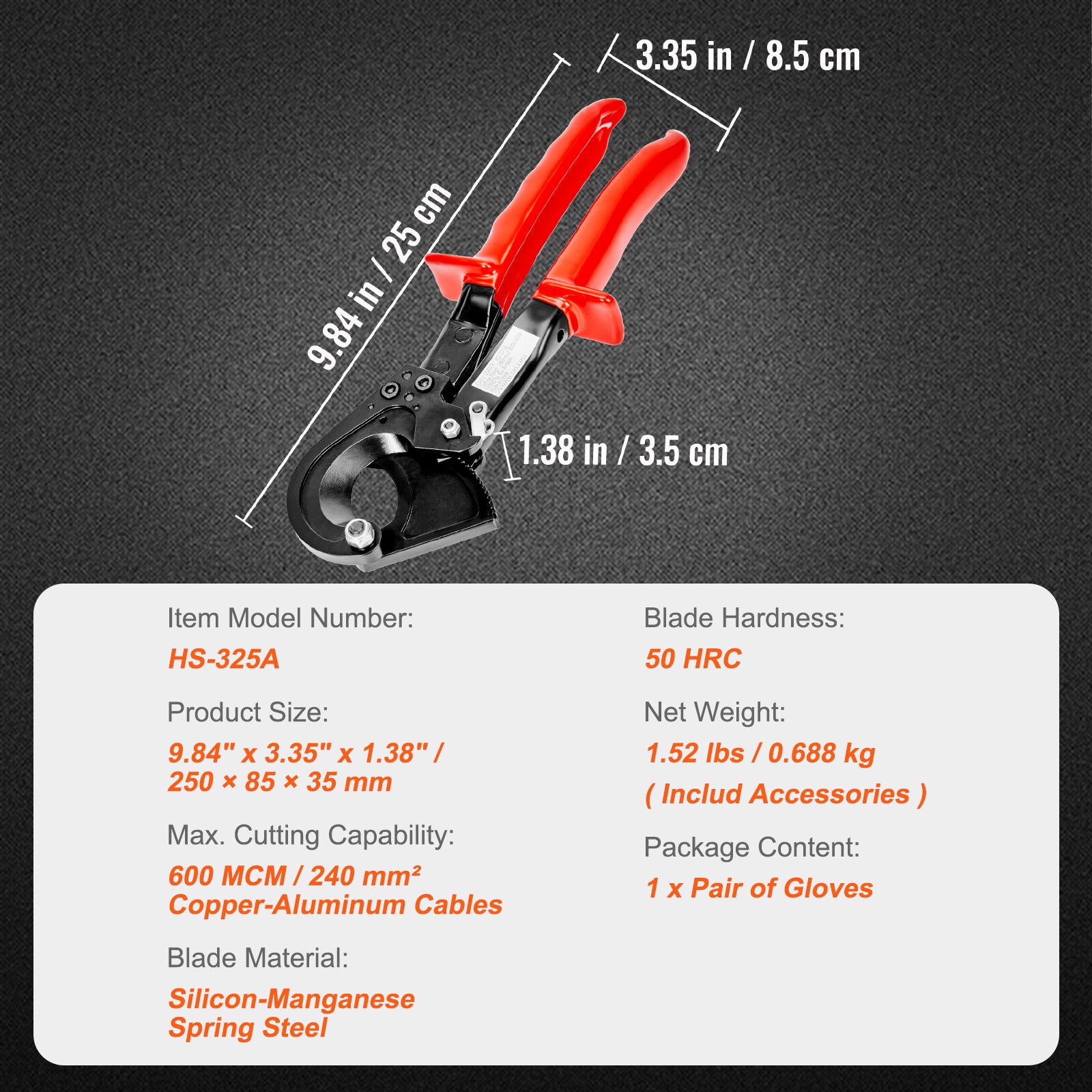 Ratcheting Cable Cutter 10" Ratchet Wire and Cable Cutter Cut to 240Mm²
