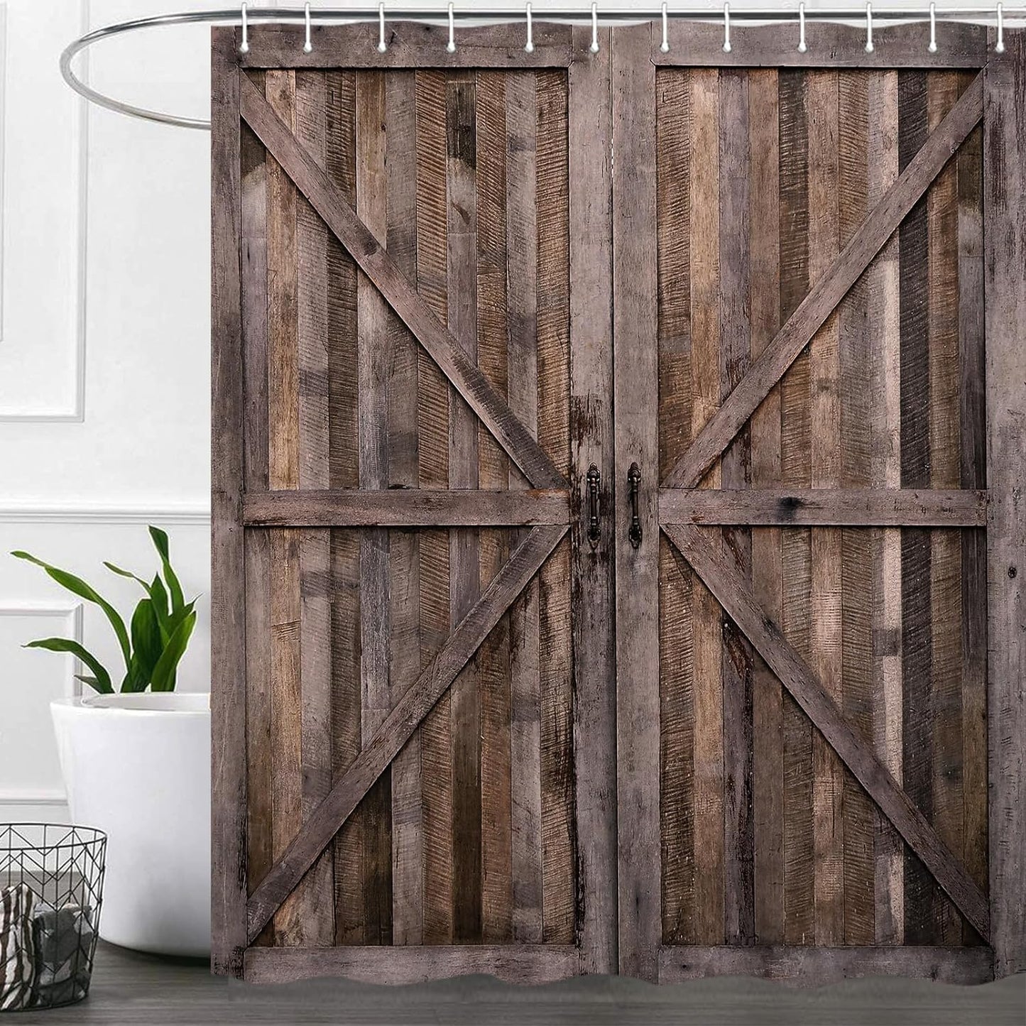 Rustic Wooden Barn Door Shower Curtains Waterproof Polyester Durable Cloth with Hooks,72x72