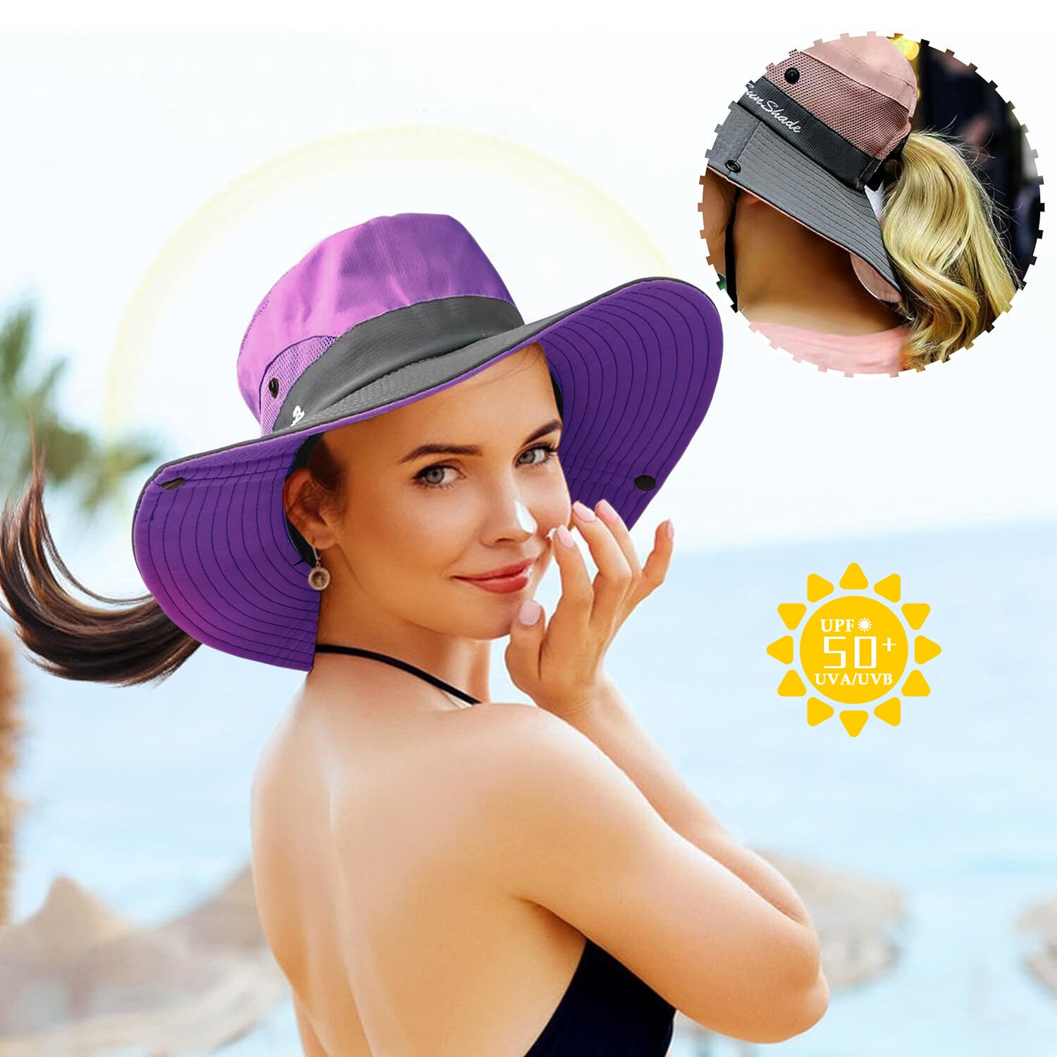 Summer Bucket Hat Boonie Women Ponytail Cap Wide Brim Sun UV Protection Travel