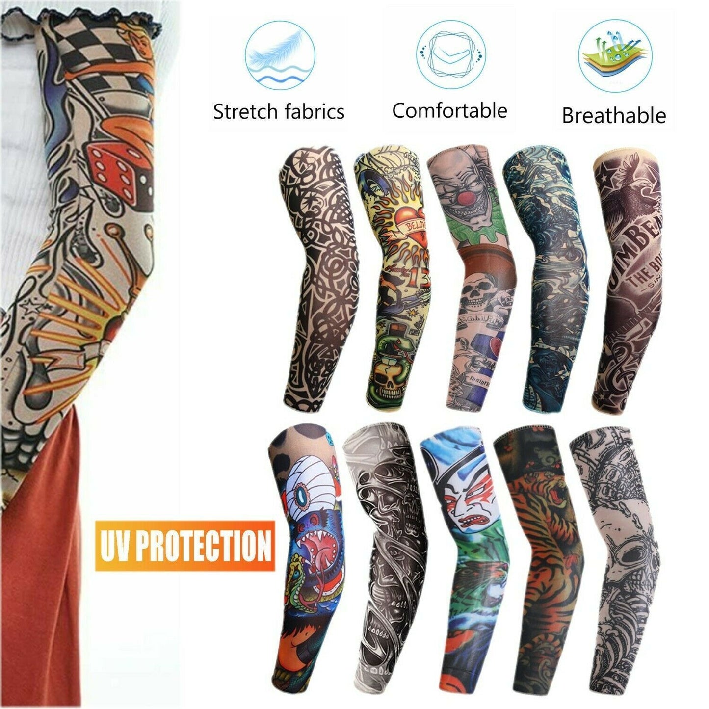 10Pcs Tattoos Cooling Arm Sleeves Cover Basketball Golf Sport UV Sun Protection